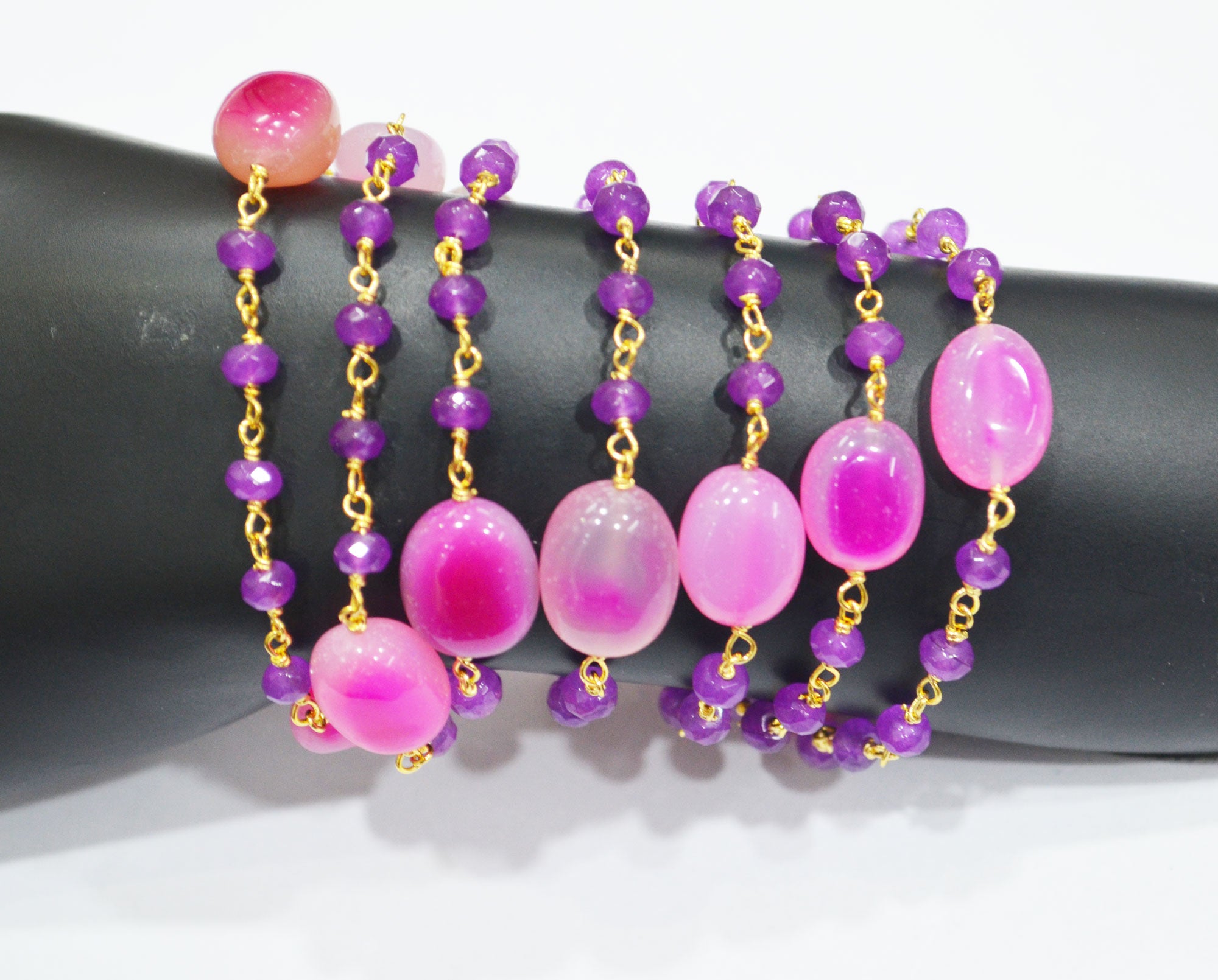 Purple Jade Faceted Rondelle And Hot Pink Chalcedony Oval Nuggets Rosary Beaded Chain , 4 - 11 mm , 6808