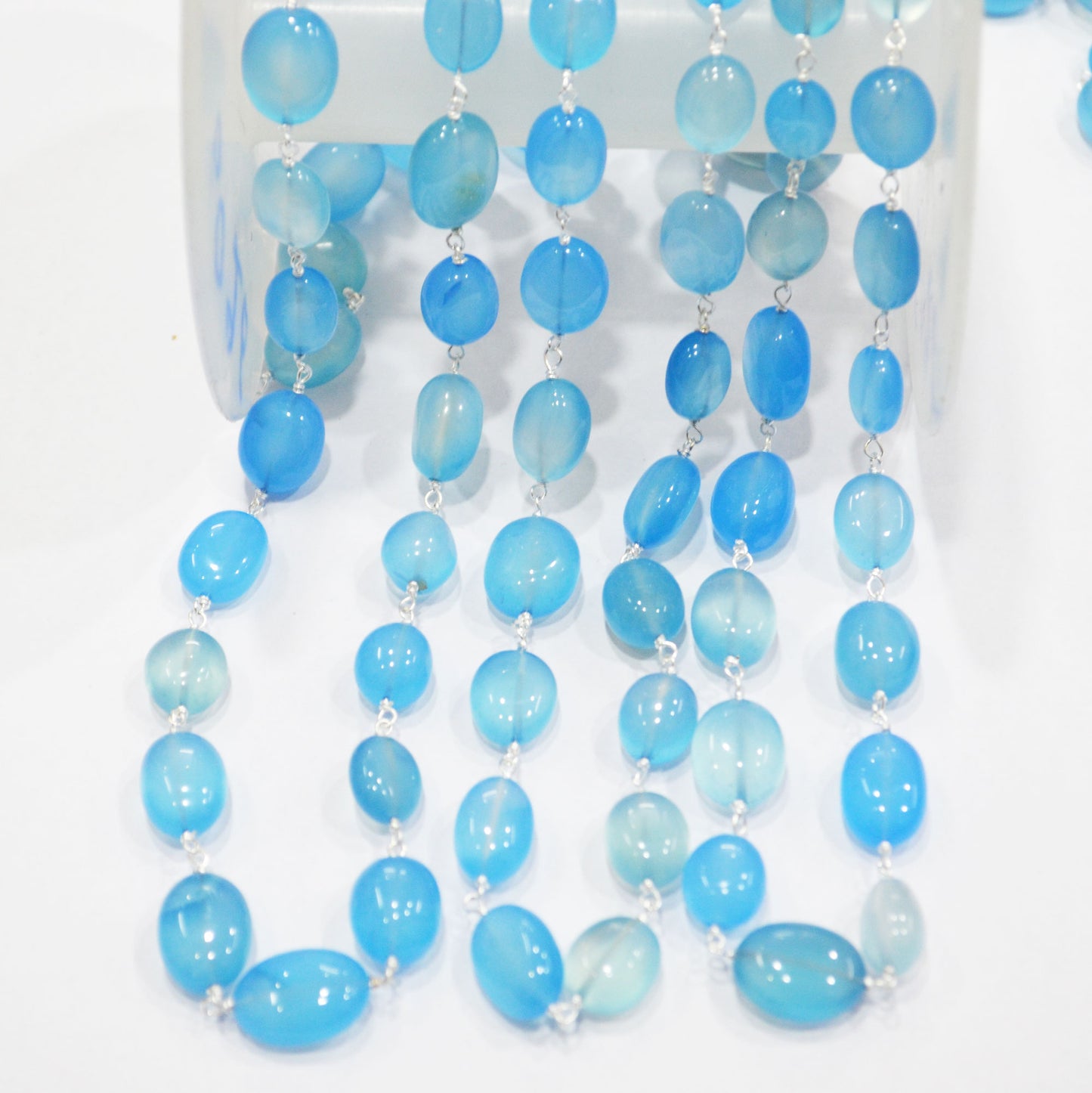 Blue Topaz Chalcedony Smooth Oval Nuggets Rosary Beaded Chain , Blue Chalcedony Wire Wrapped Chain , 9x10 - 11x14 mm , 6809
