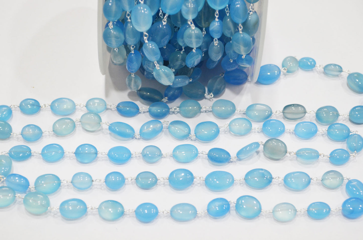 Blue Topaz Chalcedony Smooth Oval Nuggets Rosary Beaded Chain , Blue Chalcedony Wire Wrapped Chain , 9x10 - 11x14 mm , 6809