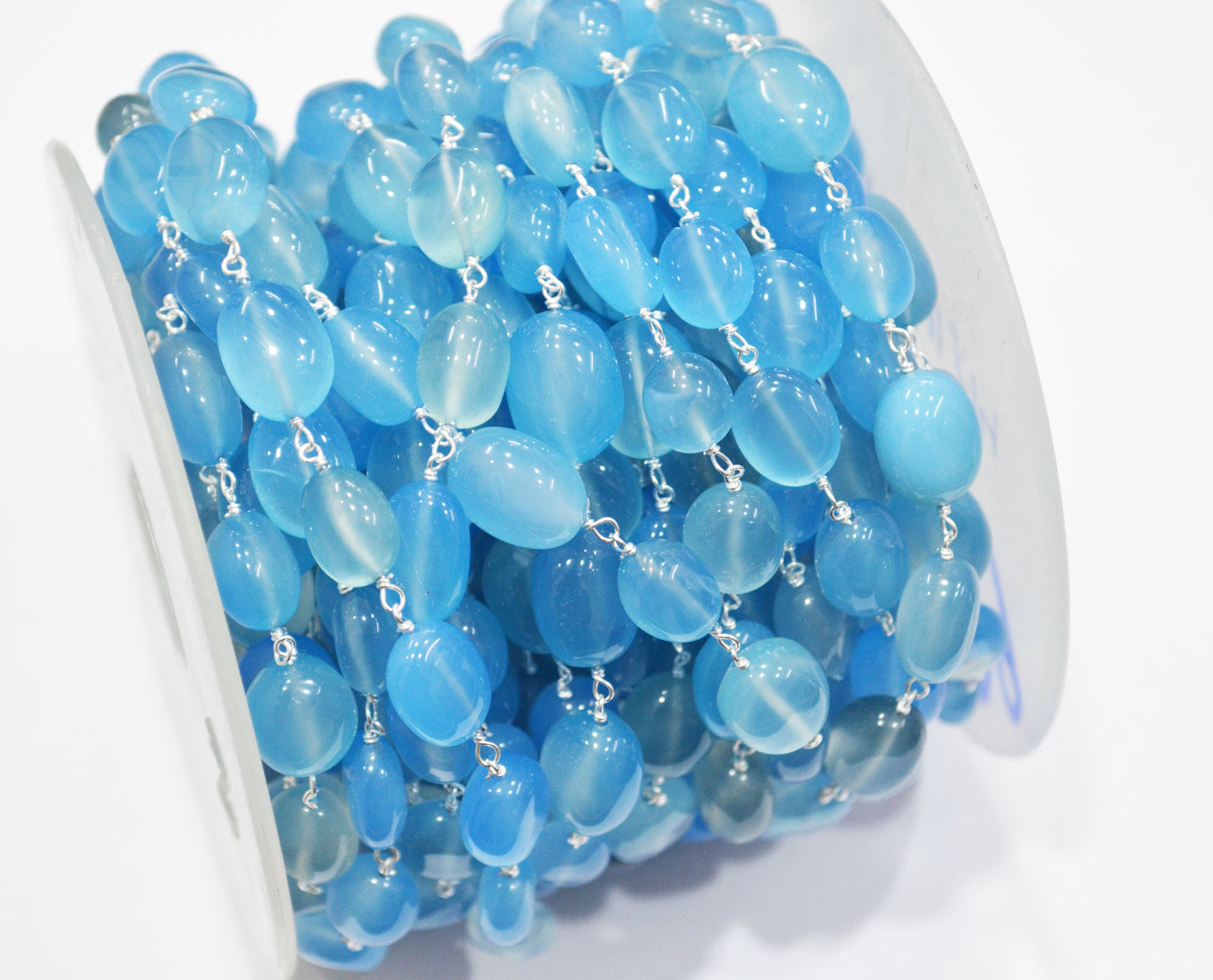 Blue Topaz Chalcedony Smooth Oval Nuggets Rosary Beaded Chain , Blue Chalcedony Wire Wrapped Chain , 9x10 - 11x14 mm , 6809