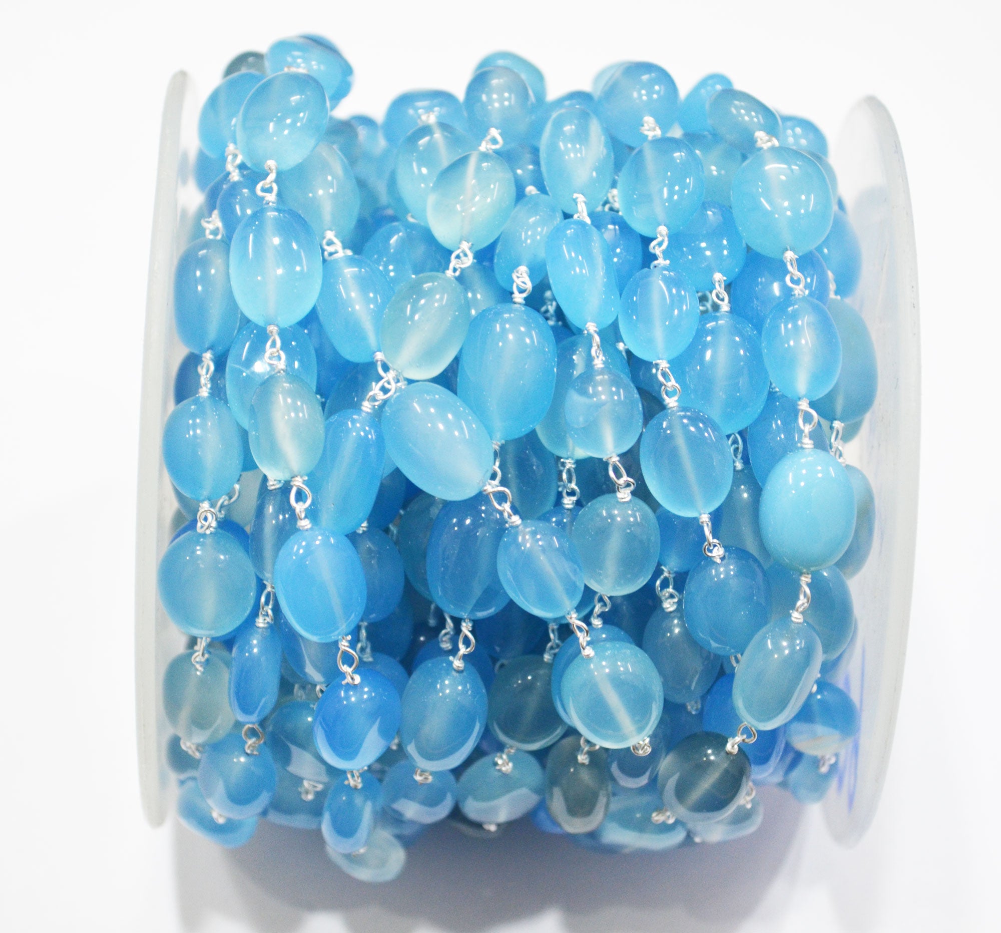 Blue Topaz Chalcedony Smooth Oval Nuggets Rosary Beaded Chain , Blue Chalcedony Wire Wrapped Chain , 9x10 - 11x14 mm , 6809