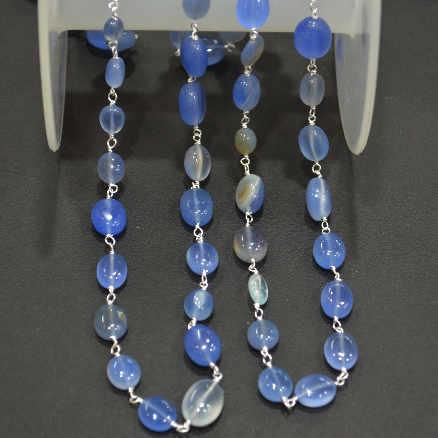 Blue Chalcedony Smooth Oval Nuggets Rosary Beaded Chain , Blue Chalcedony Wire Wrapped Chain , 8x9 - 10x12 mm , 6810