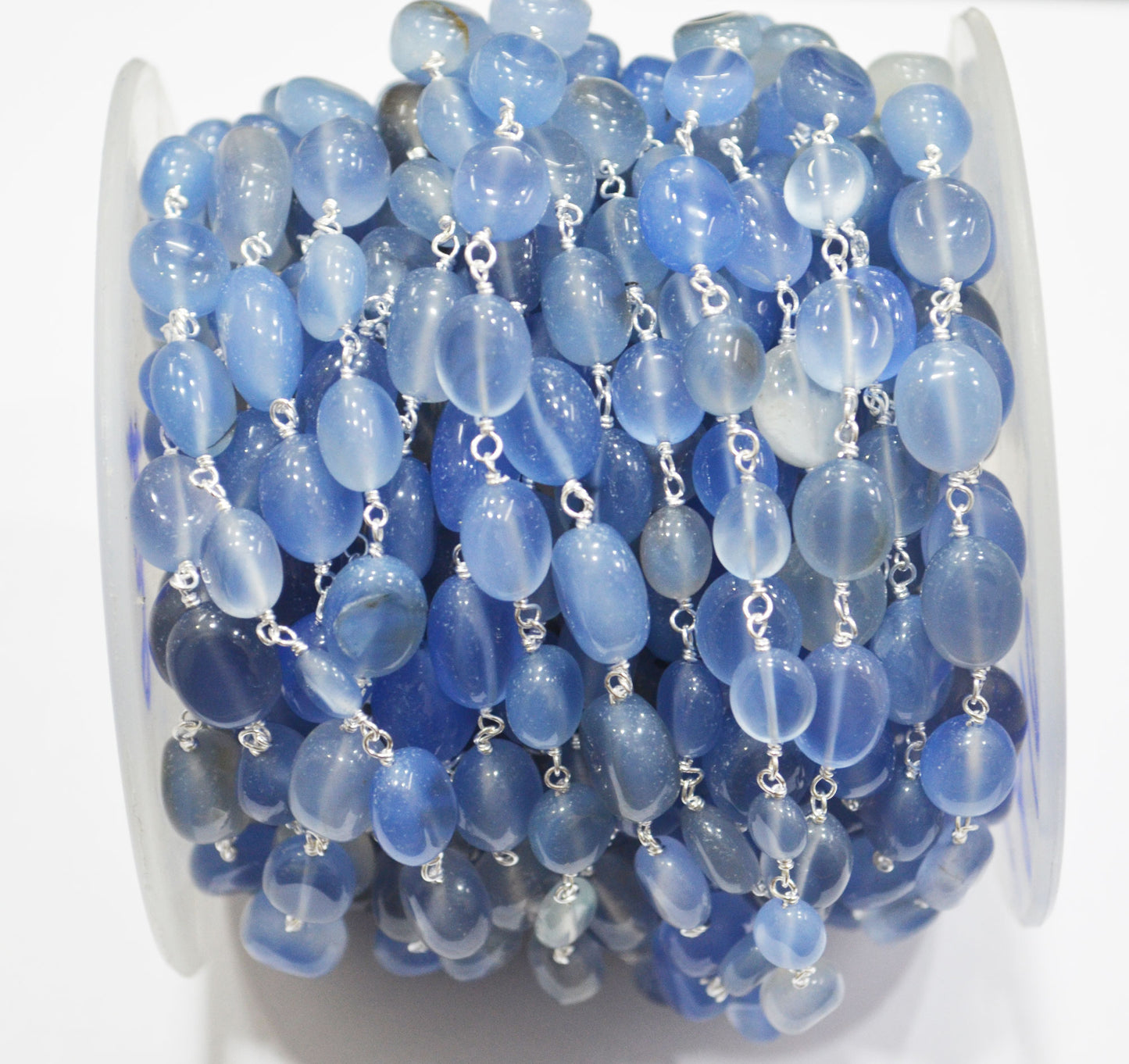 Blue Chalcedony Smooth Oval Nuggets Rosary Beaded Chain , Blue Chalcedony Wire Wrapped Chain , 8x9 - 10x12 mm , 6810