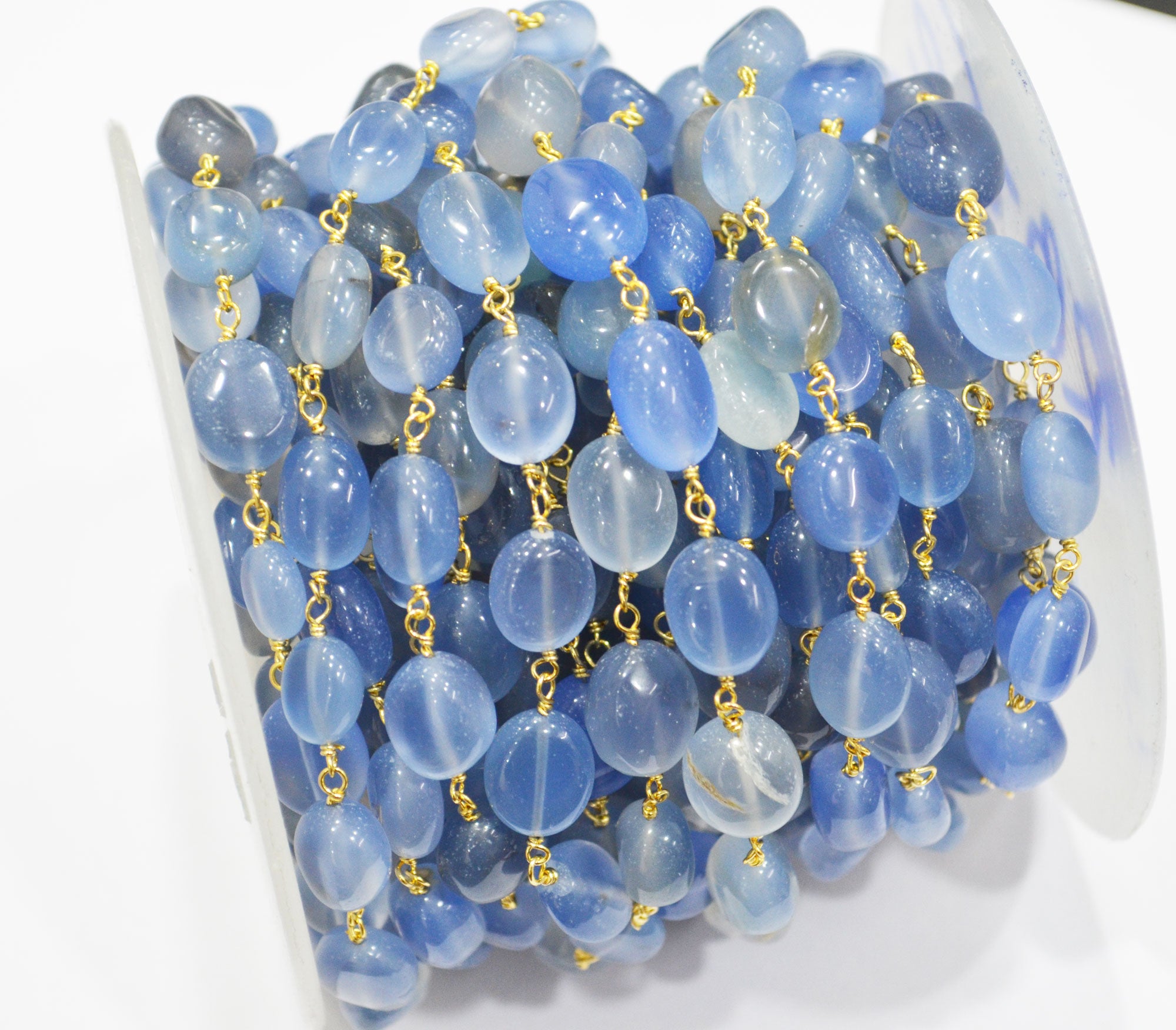 Blue Chalcedony Smooth Oval Nuggets Rosary Beaded Chain , Blue Chalcedony Wire Wrapped Chain , 8x9 - 10x12 mm , 6810