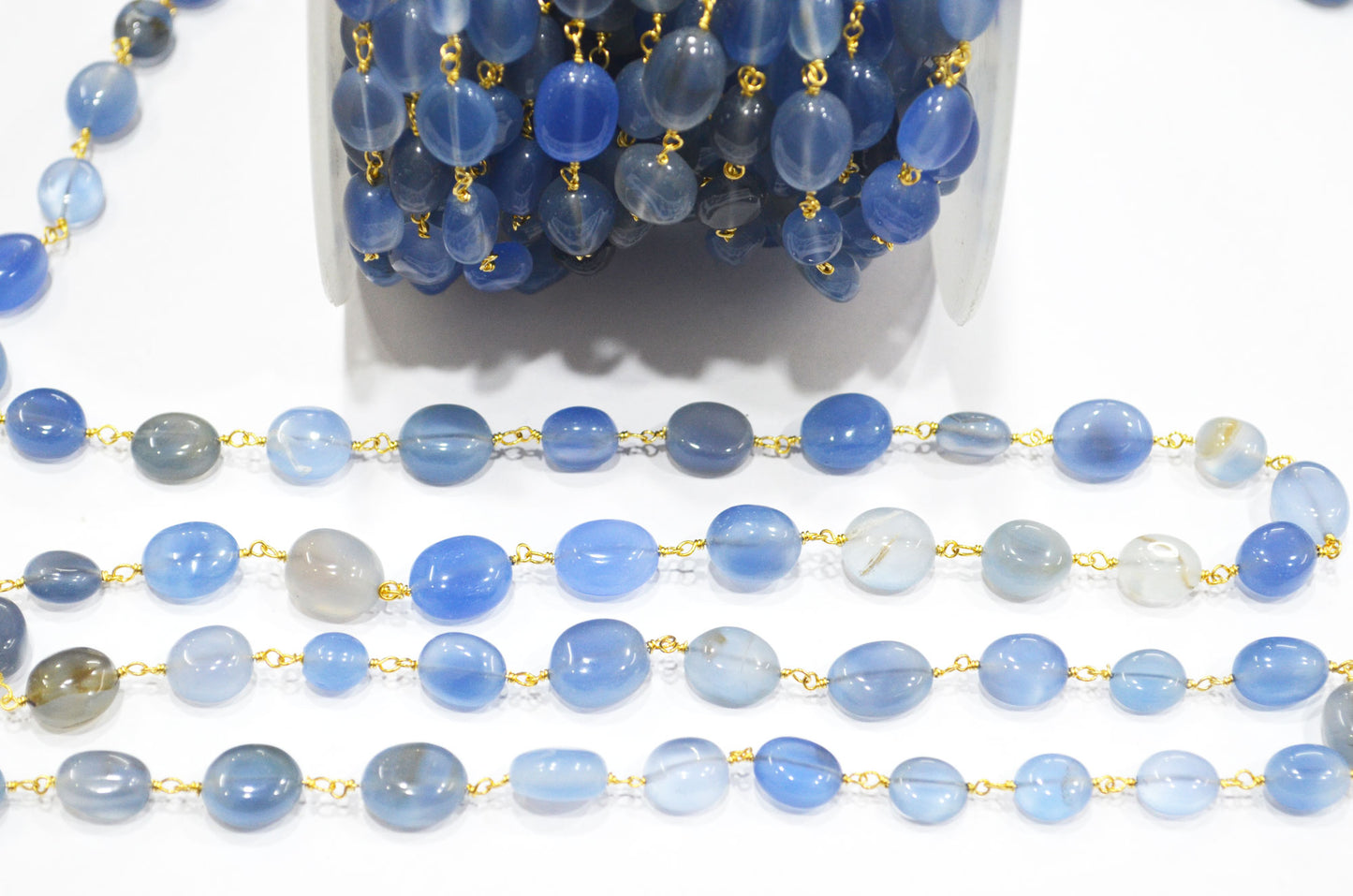 Blue Chalcedony Smooth Oval Nuggets Rosary Beaded Chain , Blue Chalcedony Wire Wrapped Chain , 8x9 - 10x12 mm , 6810