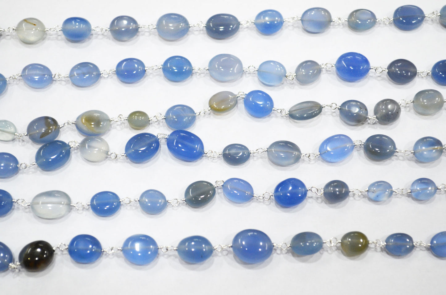 Blue Chalcedony Smooth Oval Nuggets Rosary Beaded Chain , Blue Chalcedony Wire Wrapped Chain , 8x9 - 10x12 mm , 6810