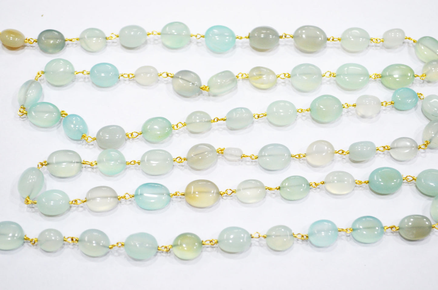Aqua Chalcedony Smooth Oval Nuggets Rosary Beaded Chain , Aqua Chalcedony Wire Wrapped Chain , 7x8 - 9x11 mm , 6811