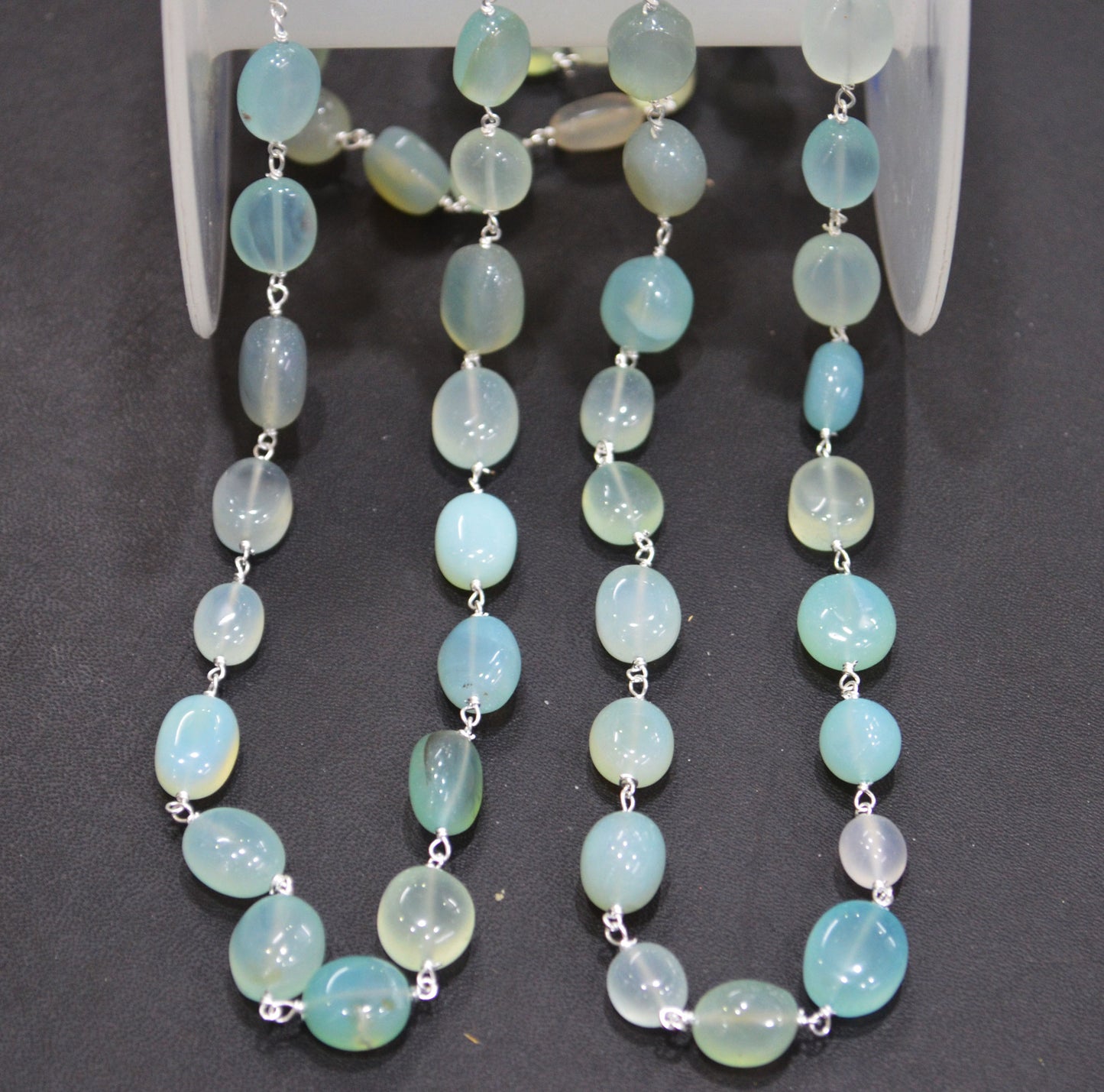 Aqua Chalcedony Smooth Oval Nuggets Rosary Beaded Chain , Aqua Chalcedony Wire Wrapped Chain , 7x8 - 9x11 mm , 6811