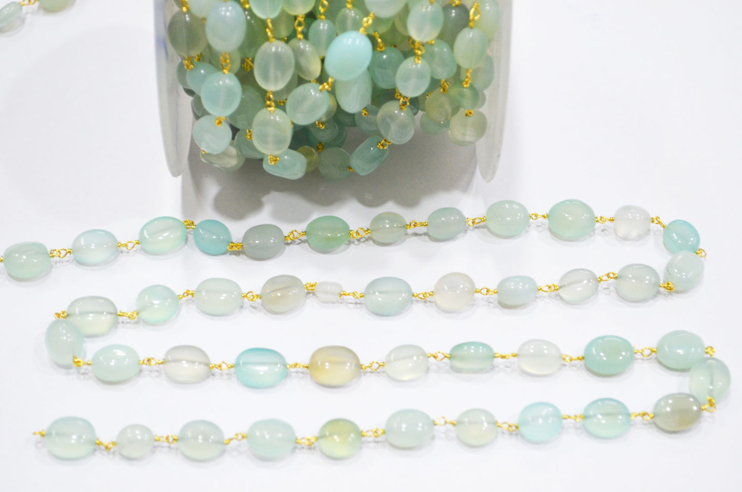 Aqua Chalcedony Smooth Oval Nuggets Rosary Beaded Chain , Aqua Chalcedony Wire Wrapped Chain , 7x8 - 9x11 mm , 6811