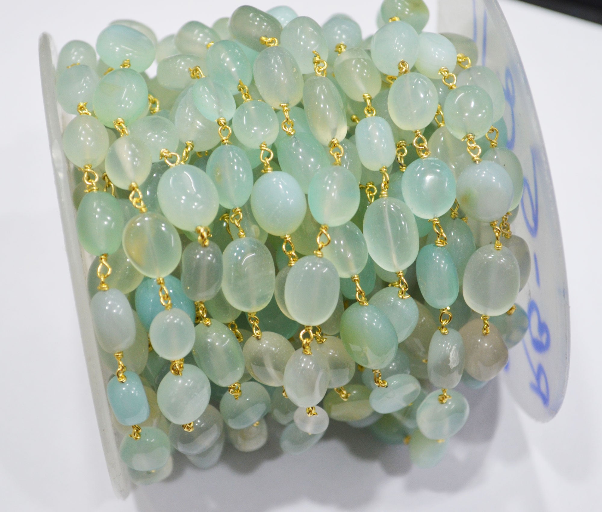 Aqua Chalcedony Smooth Oval Nuggets Rosary Beaded Chain , Aqua Chalcedony Wire Wrapped Chain , 7x8 - 9x11 mm , 6811