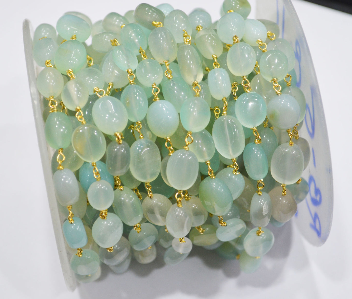 Aqua Chalcedony Smooth Oval Nuggets Rosary Beaded Chain , Aqua Chalcedony Wire Wrapped Chain , 7x8 - 9x11 mm , 6811