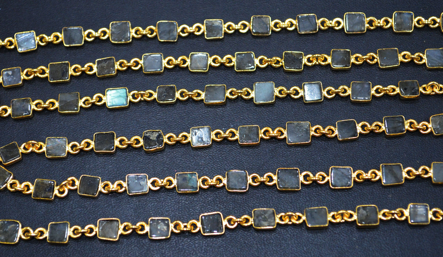 Flashy Labradorite Smooth Flat Square Shape Connector Chain , Labradorite Flat Square Bezel Link Chain , 6 mm , 6815
