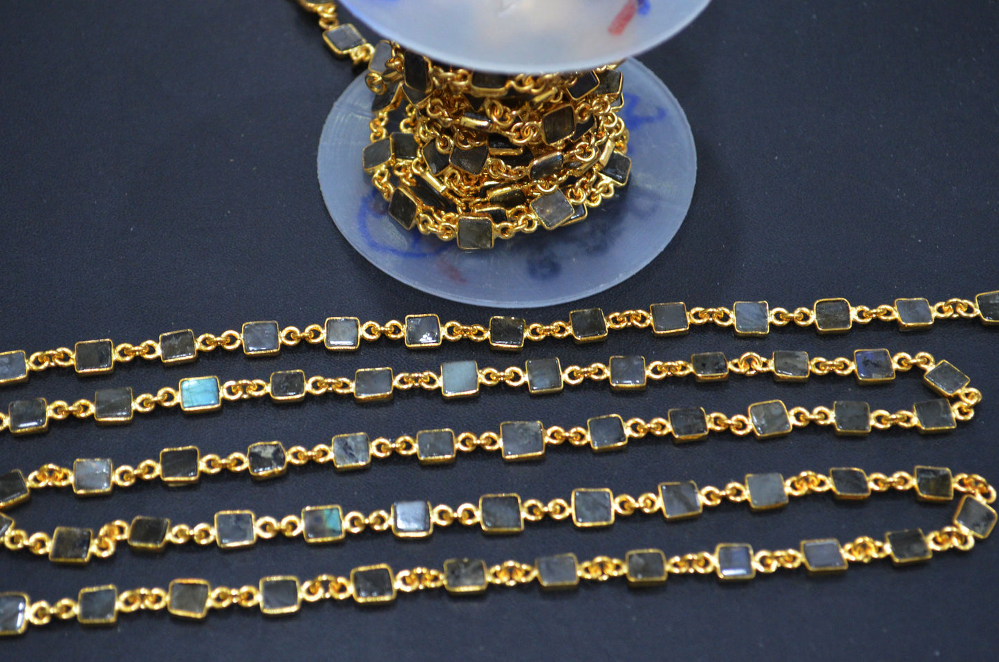 Flashy Labradorite Smooth Flat Square Shape Connector Chain , Labradorite Flat Square Bezel Link Chain , 6 mm , 6815