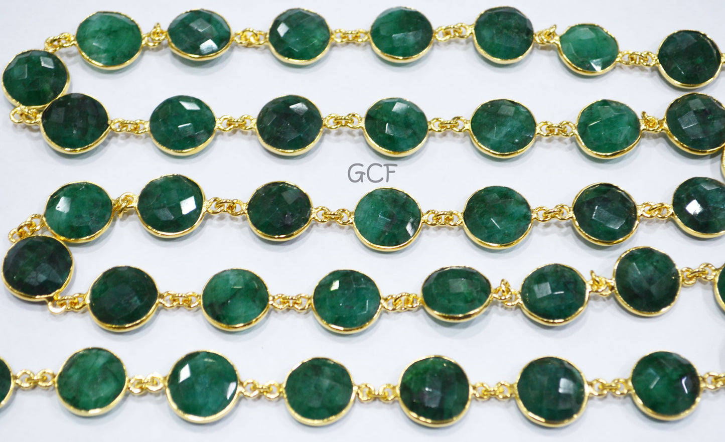 Corundum Emerald Faceted Coin Shape Connector Chain , Corundum Emerald Coin Bezel Link Chain , 13 mm , 6816