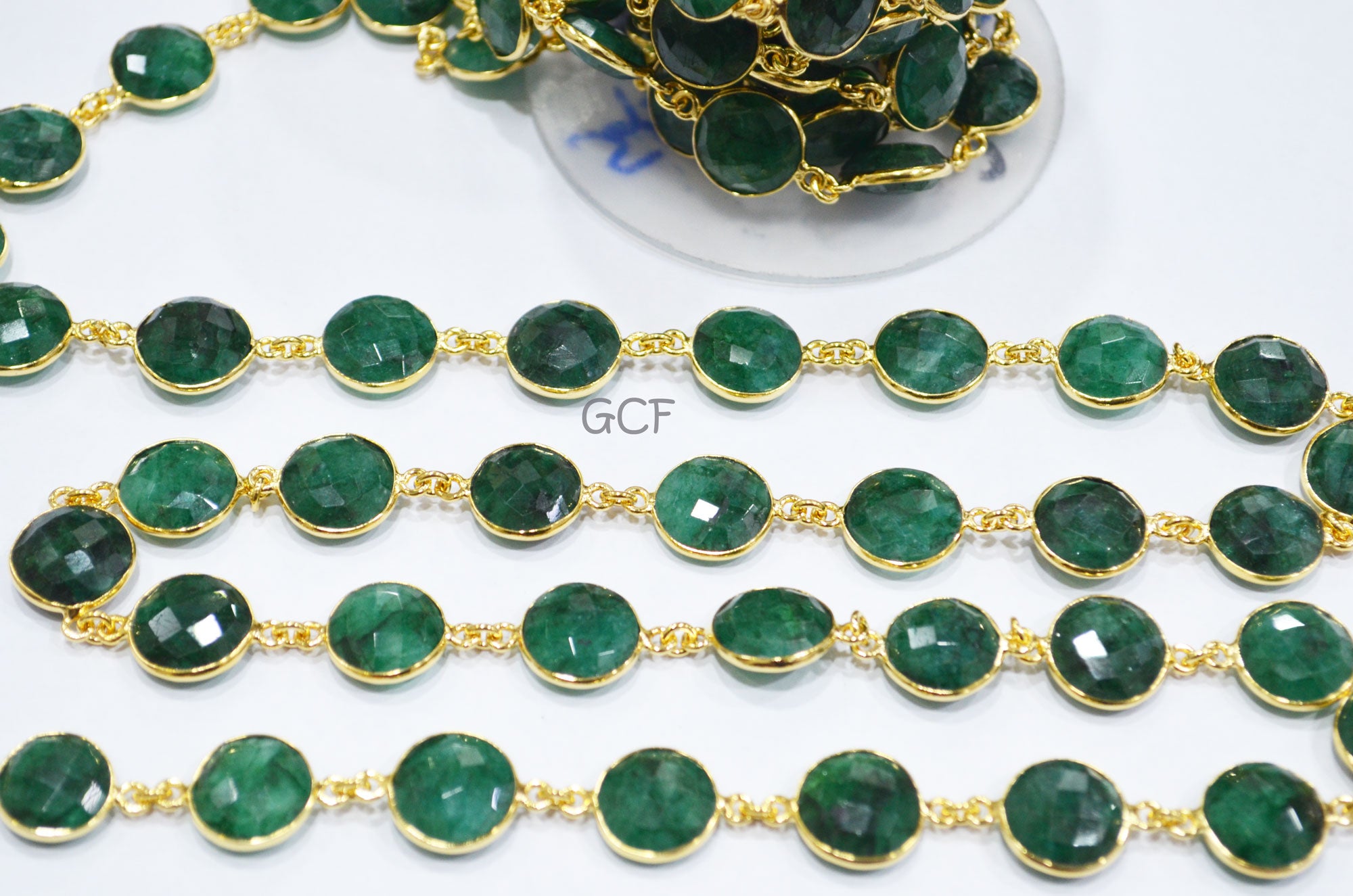 Corundum Emerald Faceted Coin Shape Connector Chain , Corundum Emerald Coin Bezel Link Chain , 13 mm , 6816