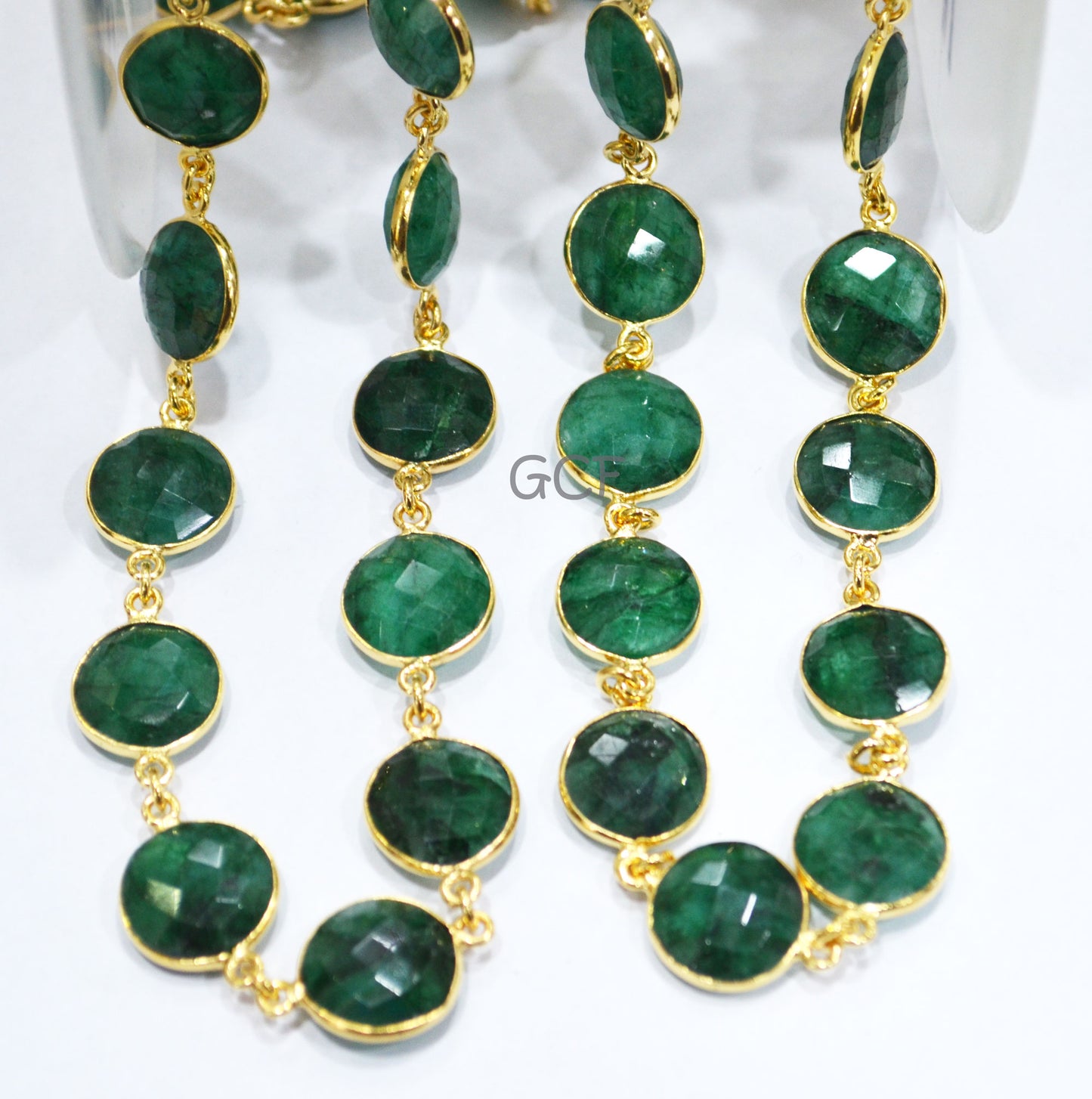 Corundum Emerald Faceted Coin Shape Connector Chain , Corundum Emerald Coin Bezel Link Chain , 13 mm , 6816