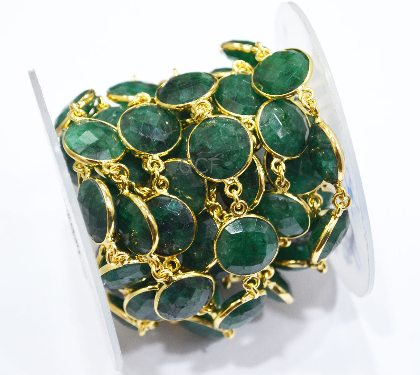 Corundum Emerald Faceted Coin Shape Connector Chain , Corundum Emerald Coin Bezel Link Chain , 13 mm , 6816