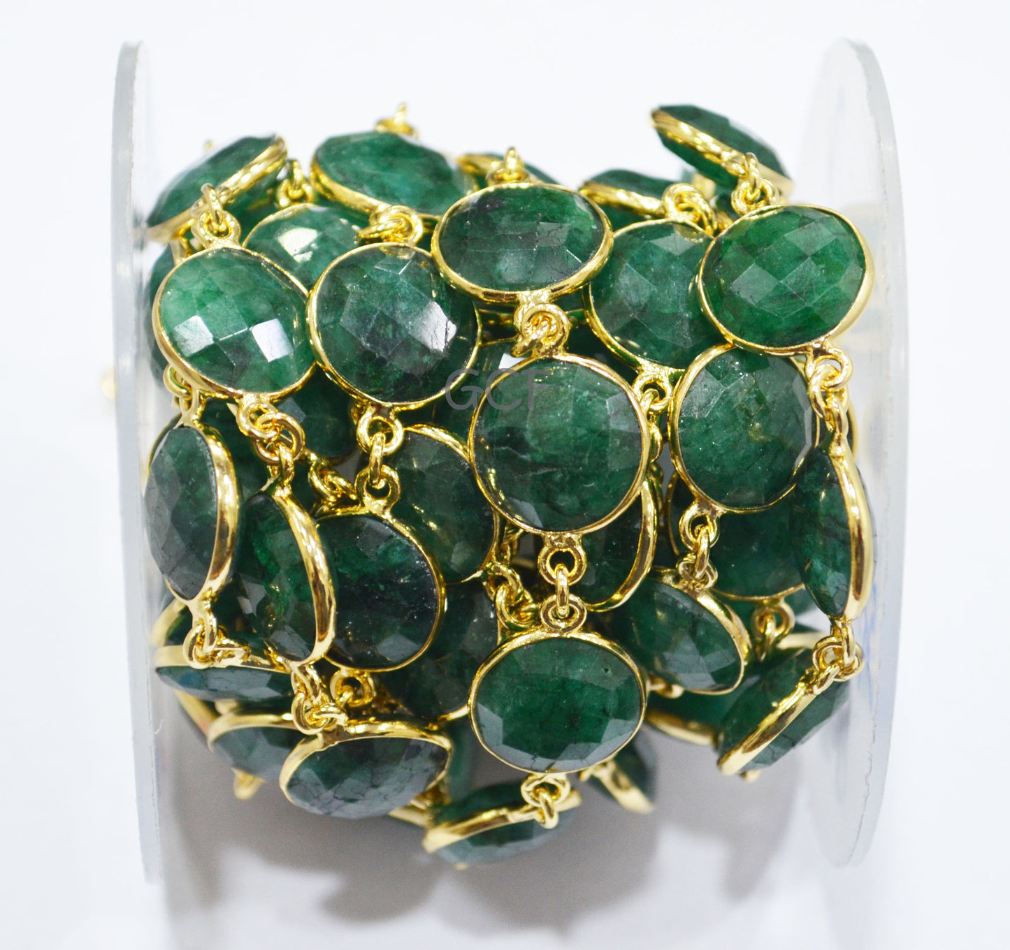 Corundum Emerald Faceted Coin Shape Connector Chain , Corundum Emerald Coin Bezel Link Chain , 13 mm , 6816
