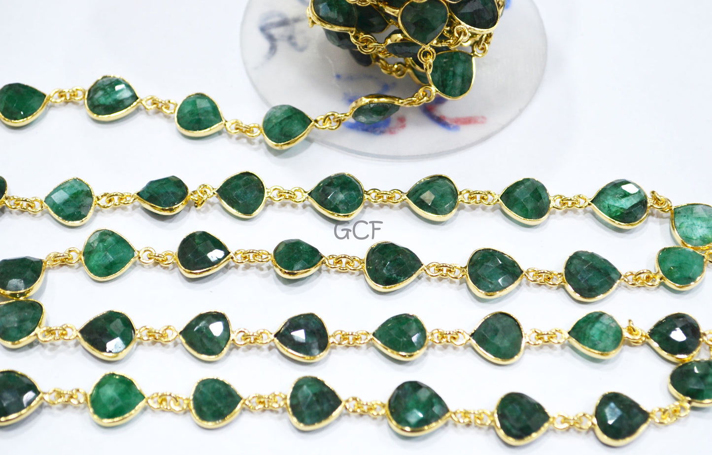 Corundum Emerald Faceted Heart Shape Connector Chain , Corundum Emerald Heart Shape Bezel Link Chain , 10 - 11 mm , 6817