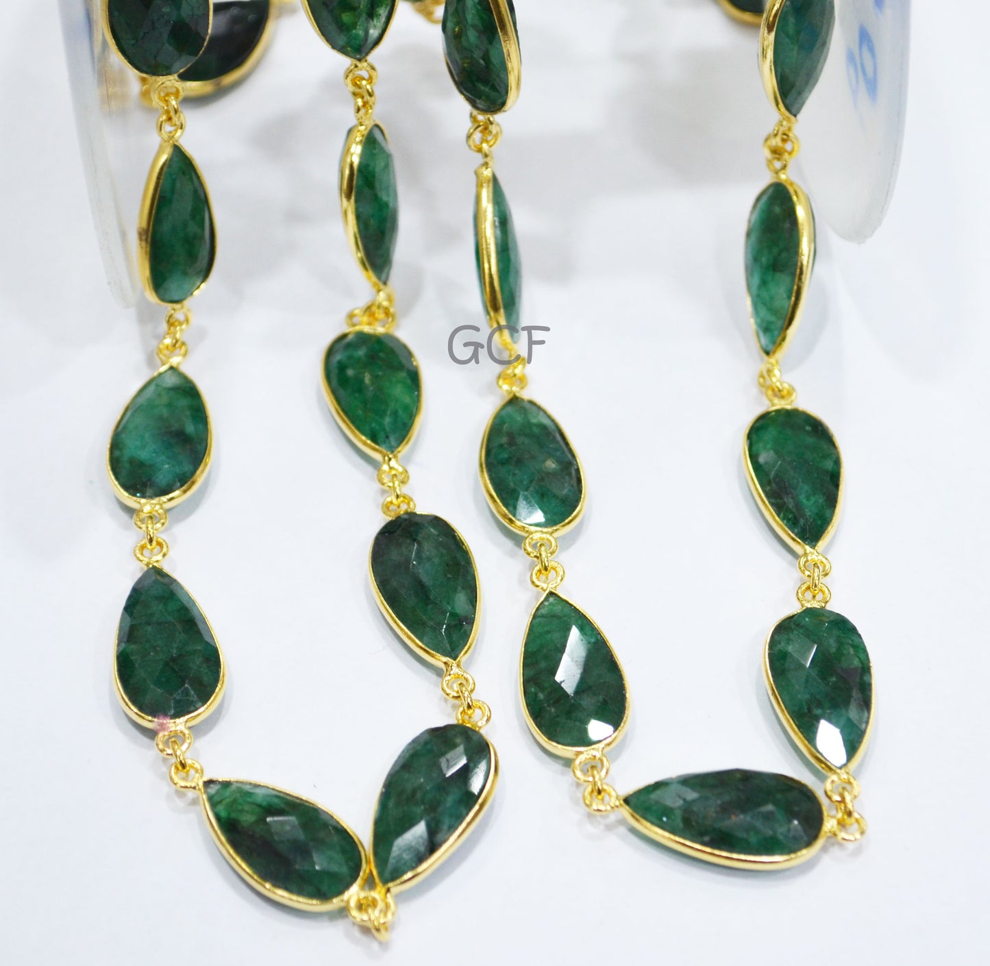 Corundum Emerald Faceted Pear Shape Connector Chain , Corundum Emerald Pear Shape Bezel Link Chain , 11x19 mm , 6818
