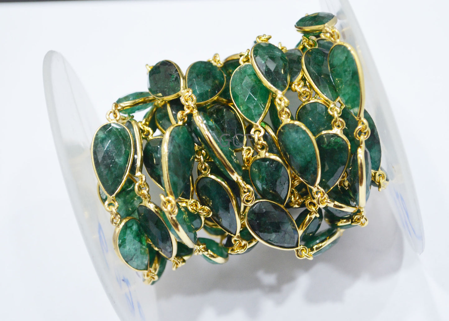 Corundum Emerald Faceted Pear Shape Connector Chain , Corundum Emerald Pear Shape Bezel Link Chain , 11x19 mm , 6818