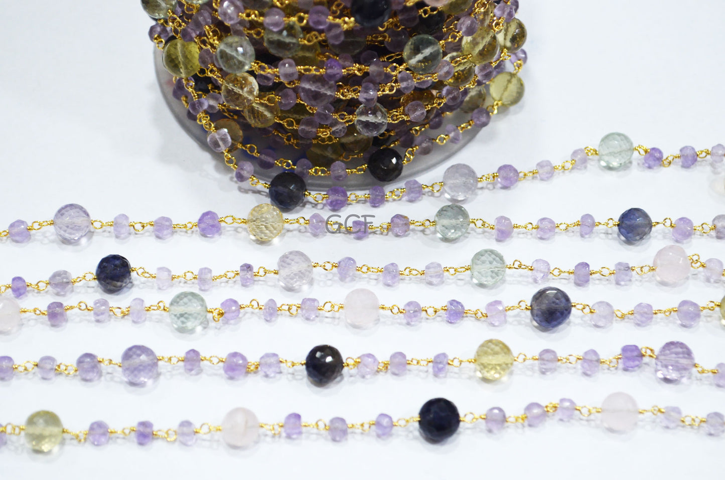 Pink Amethyst Faceted Rondelle Shape Chain , Multi Semi Precious Faceted Round Shape Rosary Beaded Chain , 4 - 8 mm , 6821