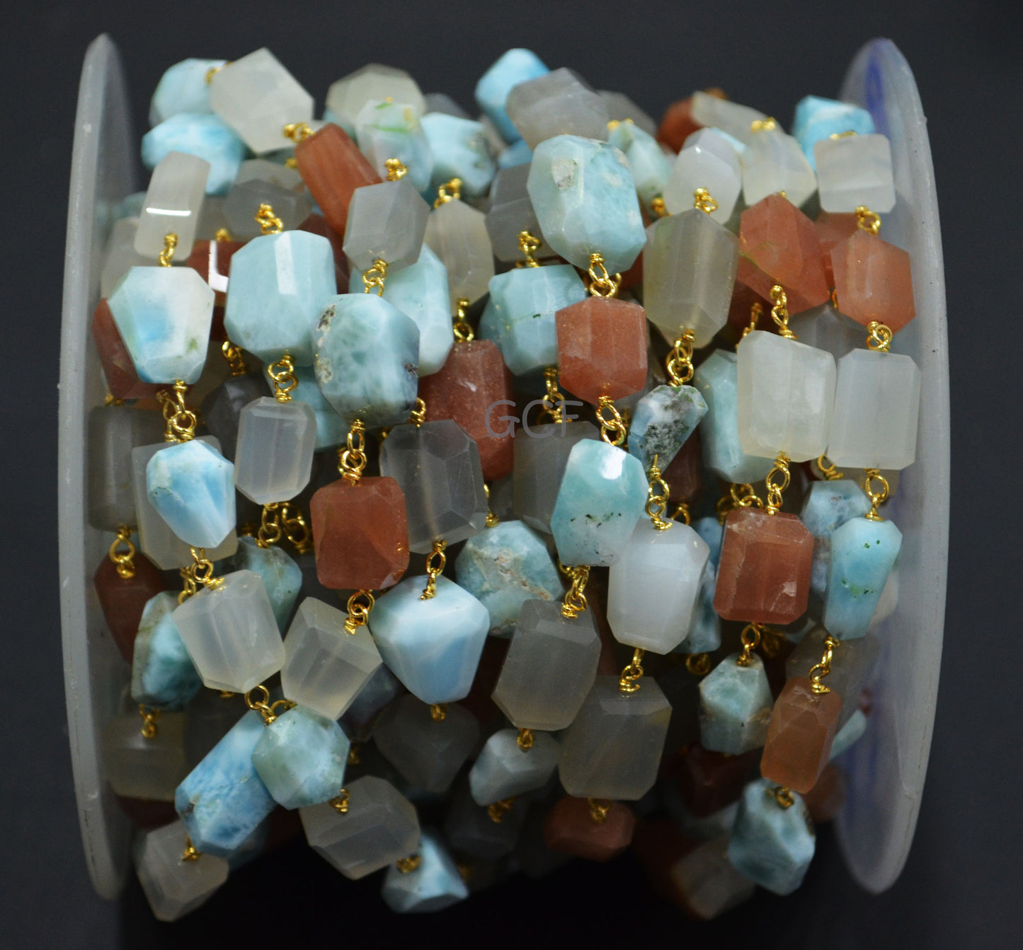 Multi Gemstone Faceted Laser Cut Nuggets Shape Rosary Beaded Chain ,Multi Gemstone Wire Wrapped Chain , 5x10 - 8x14 mm , 6822