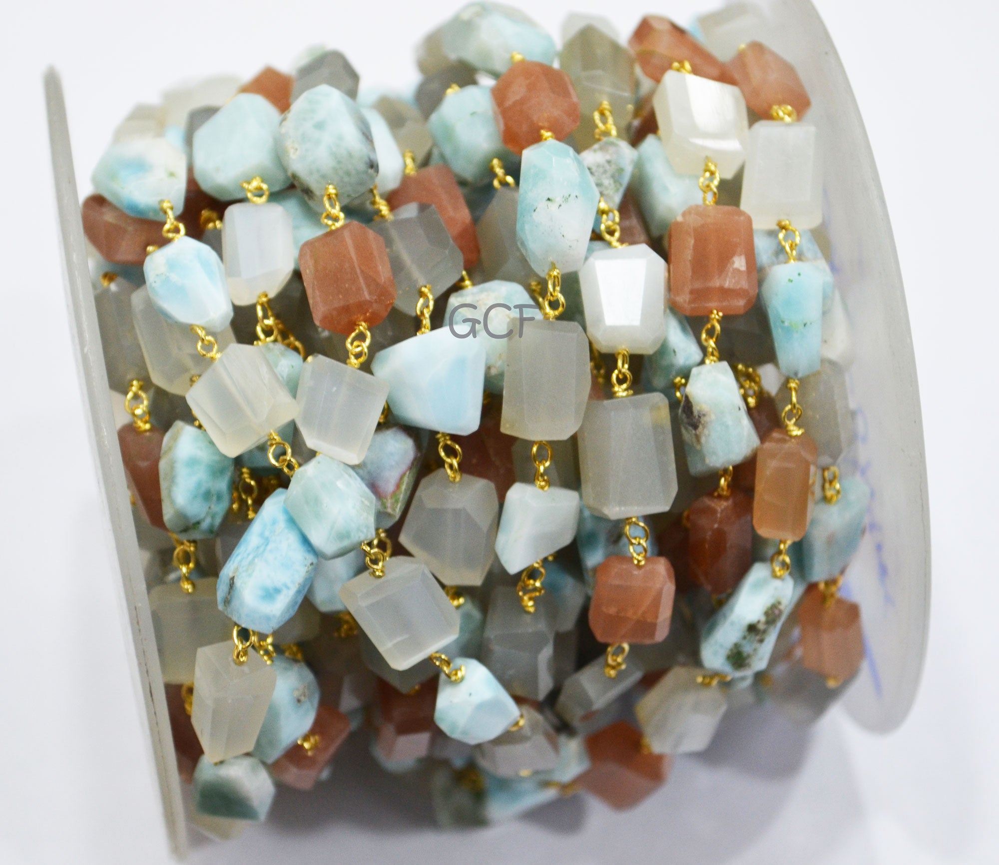 Multi Gemstone Faceted Laser Cut Nuggets Shape Rosary Beaded Chain ,Multi Gemstone Wire Wrapped Chain , 5x10 - 8x14 mm , 6822