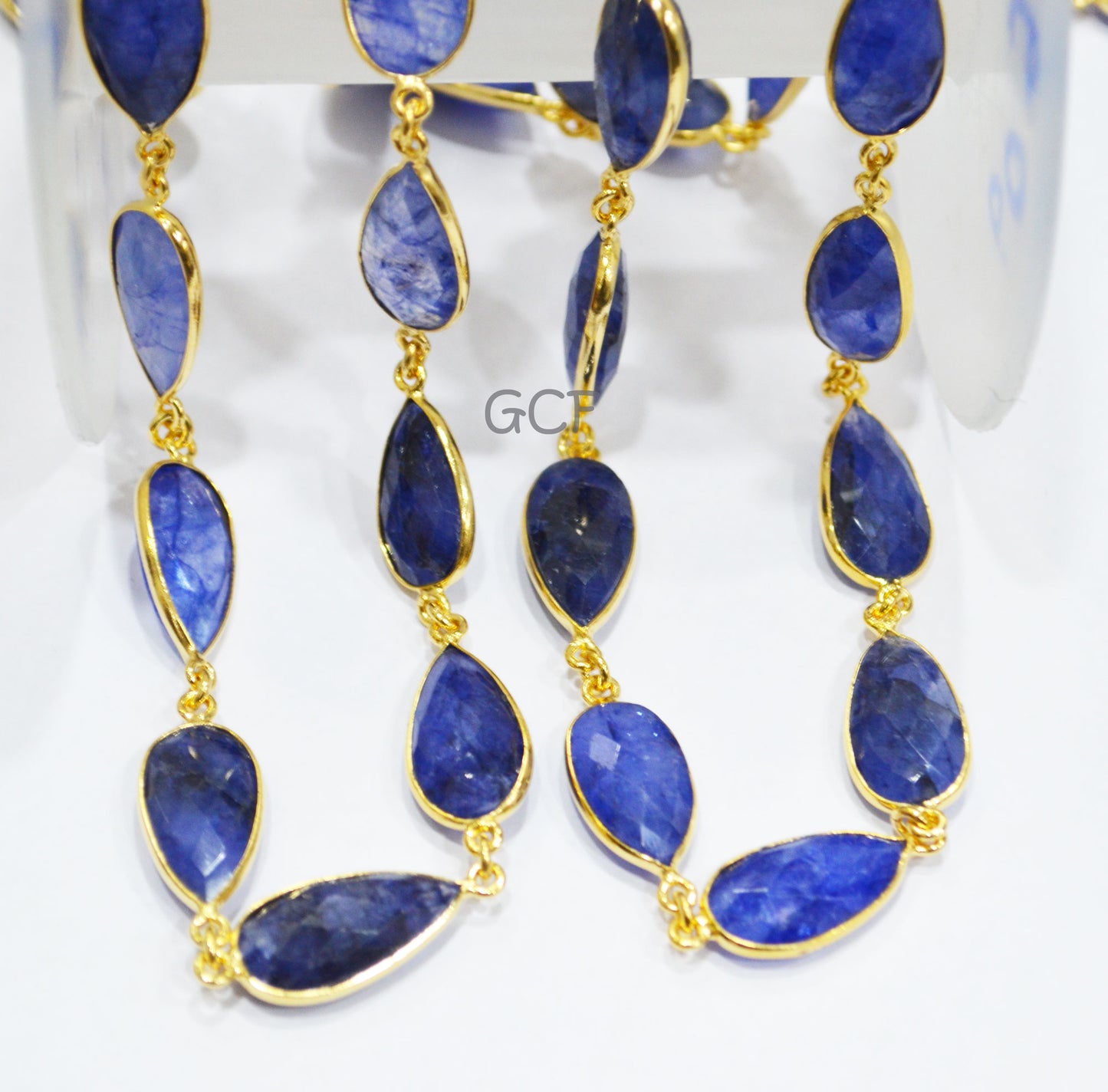 Beryl Sapphire Faceted Pear Shape Connector Chain , Beryl Sapphire Pear Shape Bezel Link Chain , 11x19 mm , 6823