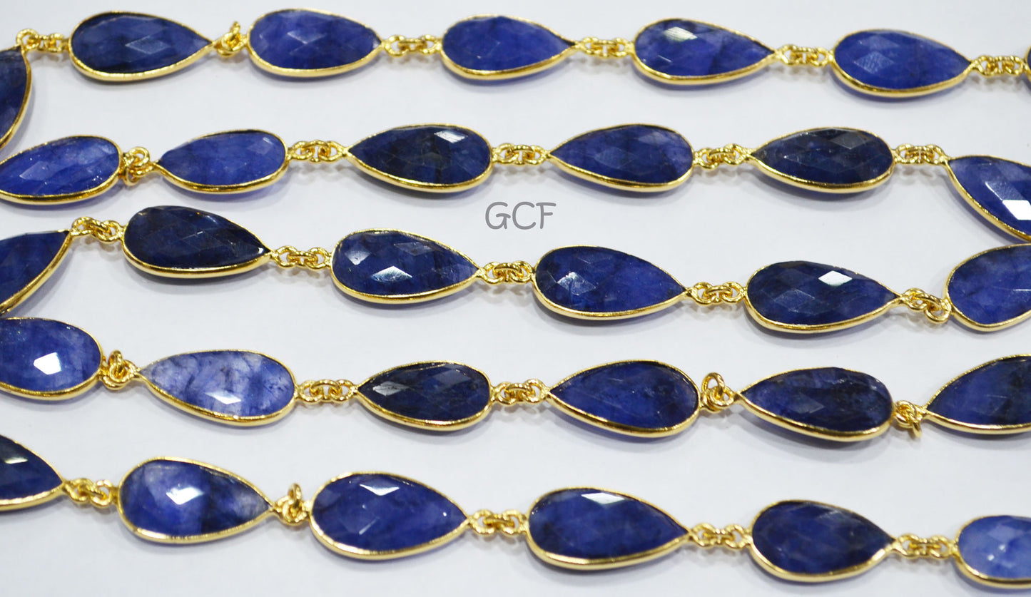 Beryl Sapphire Faceted Pear Shape Connector Chain , Beryl Sapphire Pear Shape Bezel Link Chain , 11x19 mm , 6823