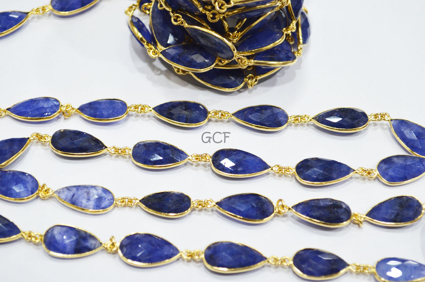 Beryl Sapphire Faceted Pear Shape Connector Chain , Beryl Sapphire Pear Shape Bezel Link Chain , 11x19 mm , 6823