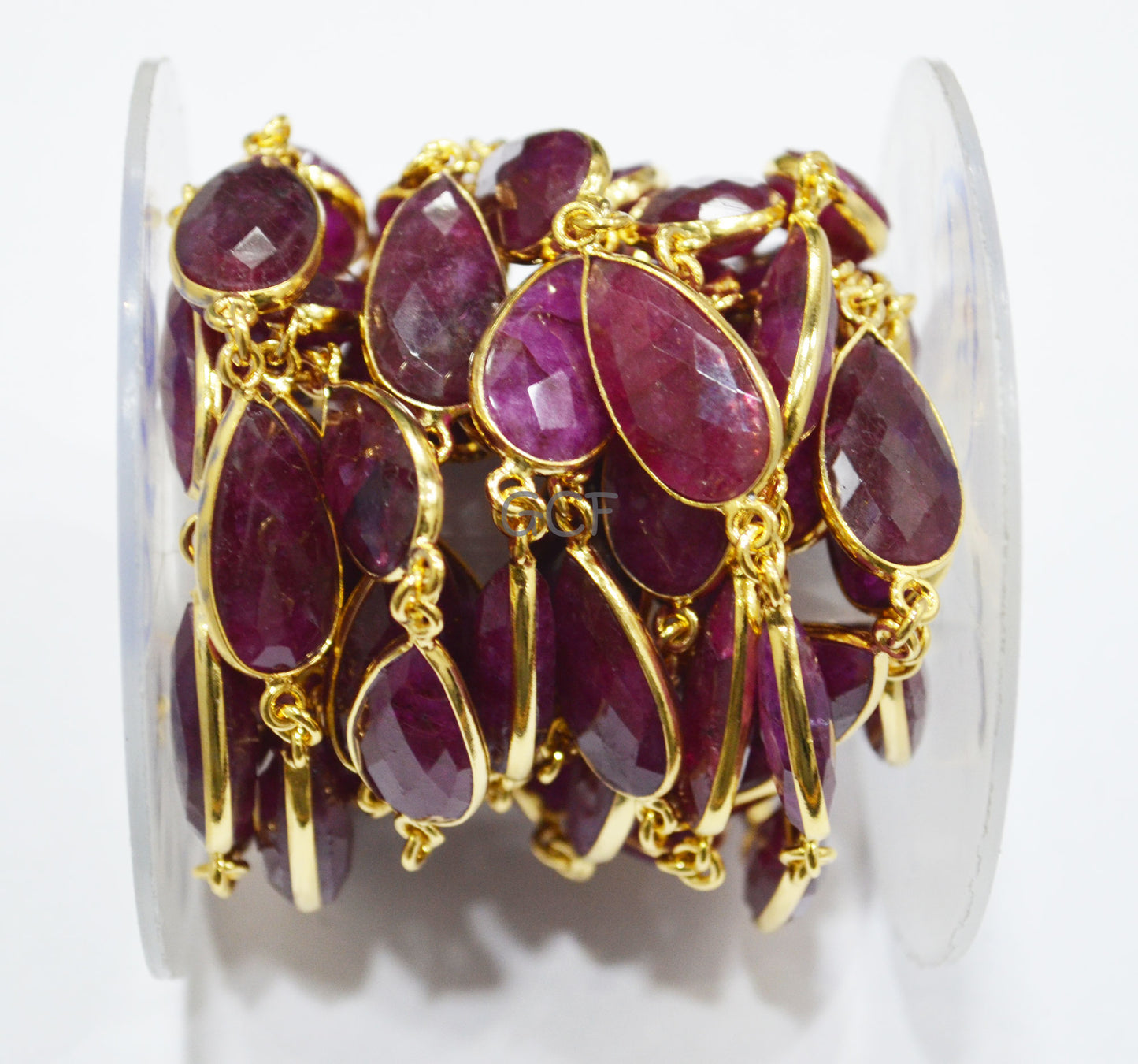 Beryl Ruby Faceted Pear Shape Connector Chain , Beryl Ruby Pear Shape Bezel Link Chain , 11x20 mm , 6824