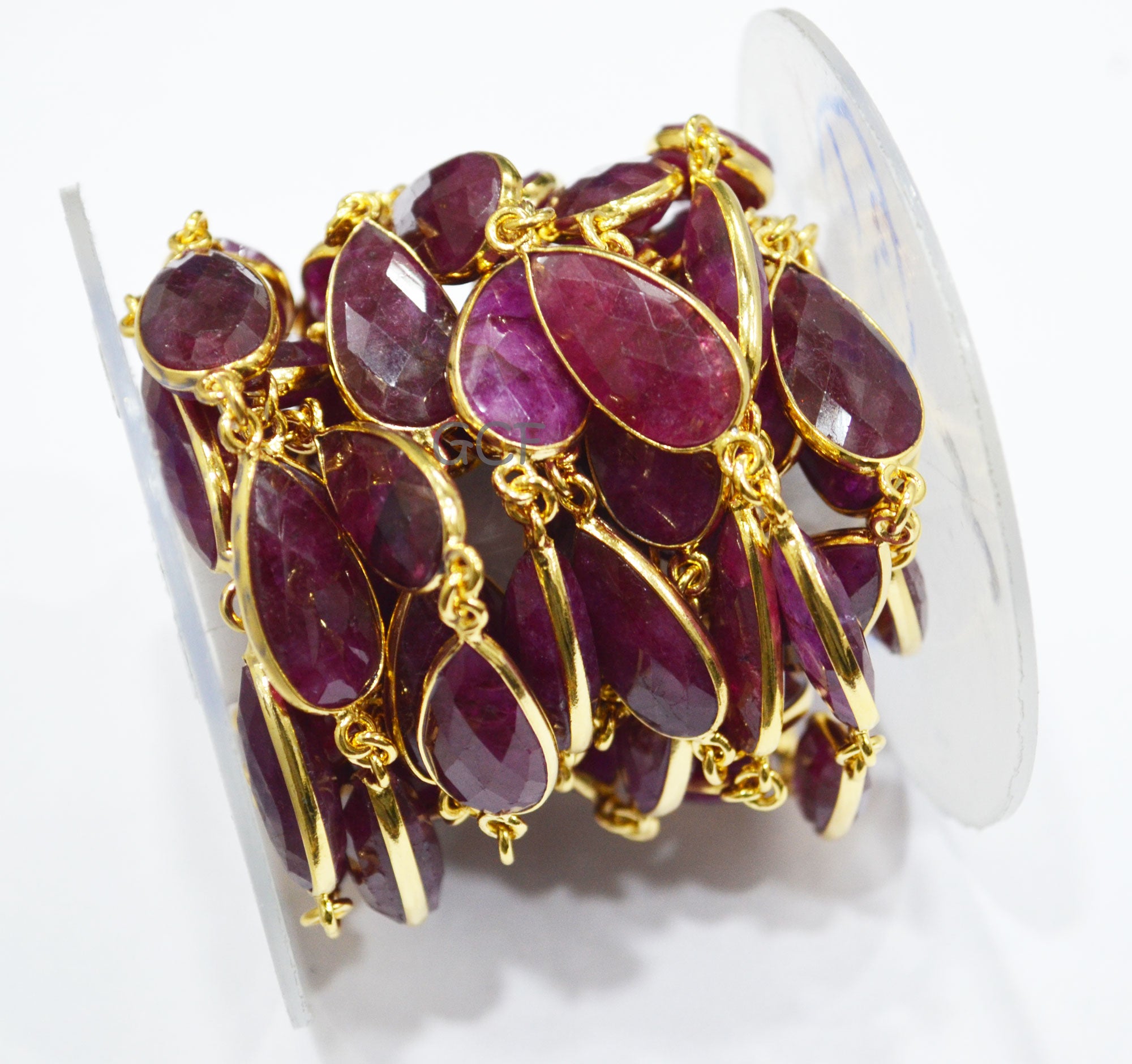 Beryl Ruby Faceted Pear Shape Connector Chain , Beryl Ruby Pear Shape Bezel Link Chain , 11x20 mm , 6824