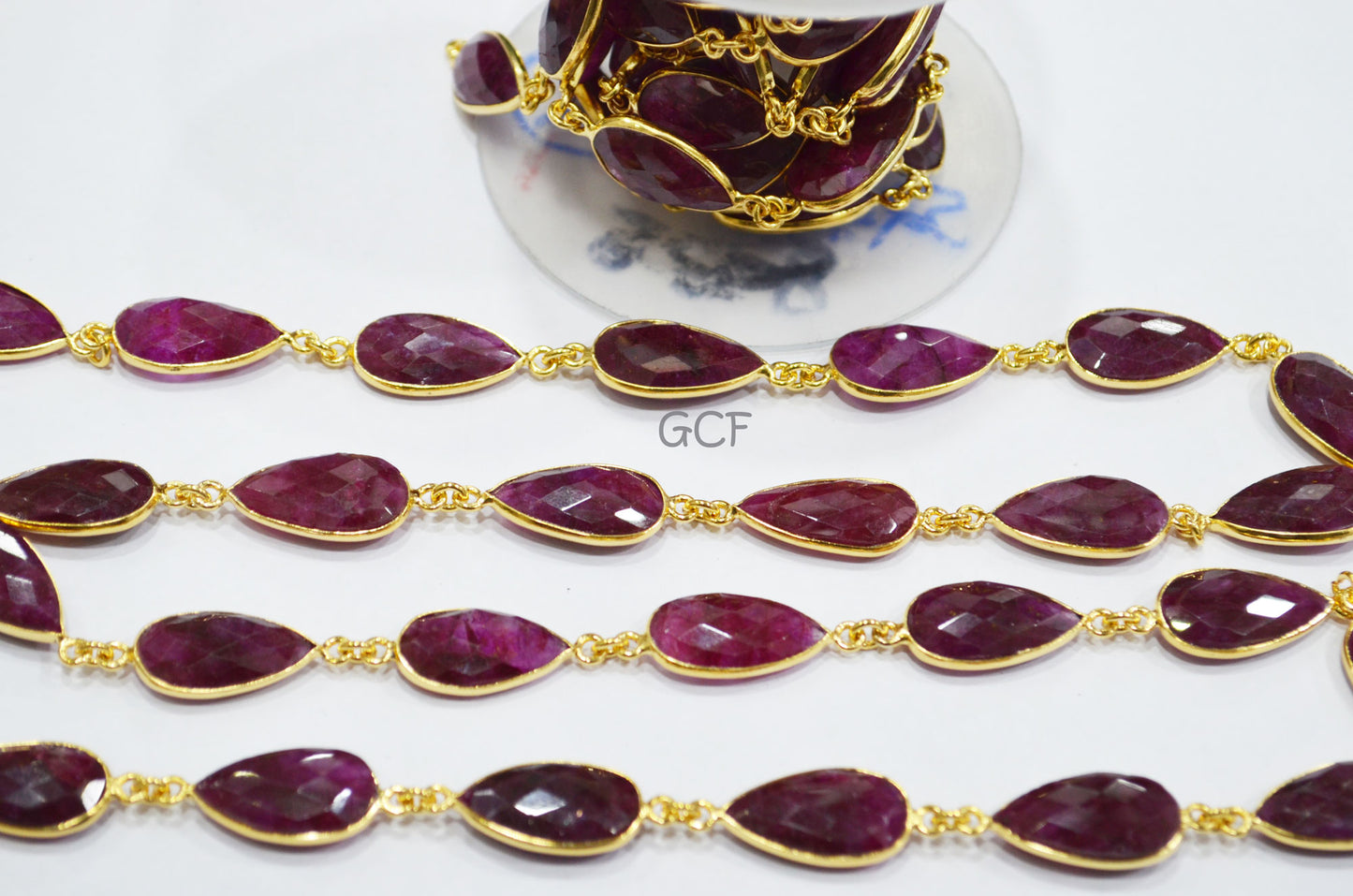 Beryl Ruby Faceted Pear Shape Connector Chain , Beryl Ruby Pear Shape Bezel Link Chain , 11x20 mm , 6824