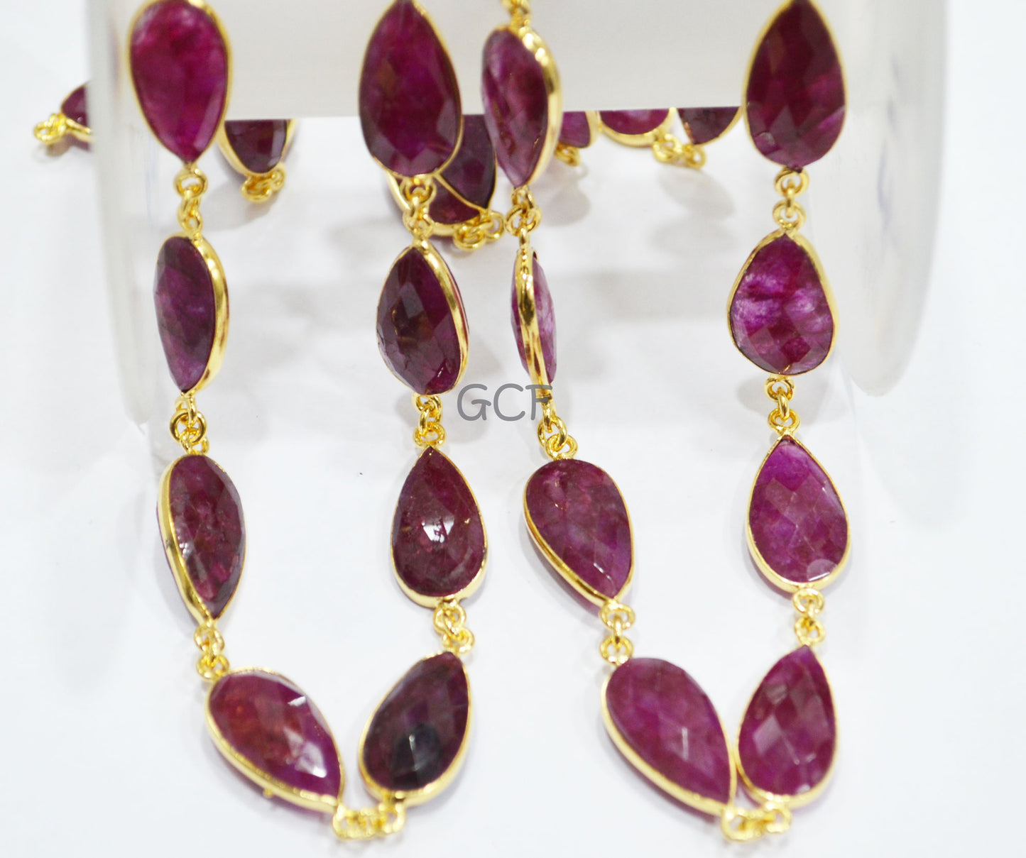 Beryl Ruby Faceted Pear Shape Connector Chain , Beryl Ruby Pear Shape Bezel Link Chain , 11x20 mm , 6824
