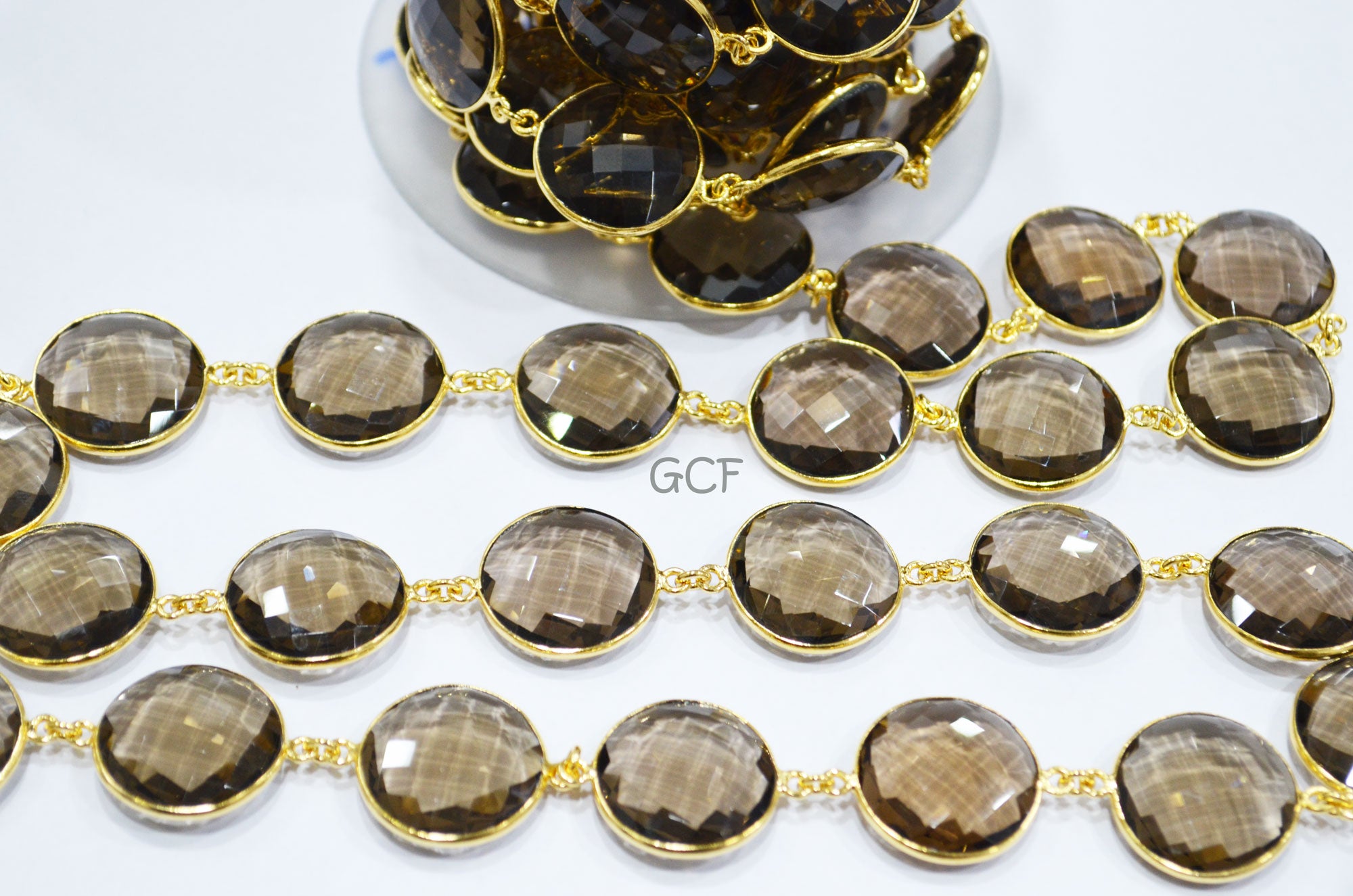 Smoky Hydro Quartz Faceted Coin Shape Connector Chain , Smoky Hydro Quartz Coin Shape Bezel Link Chain , 21 mm , 6828