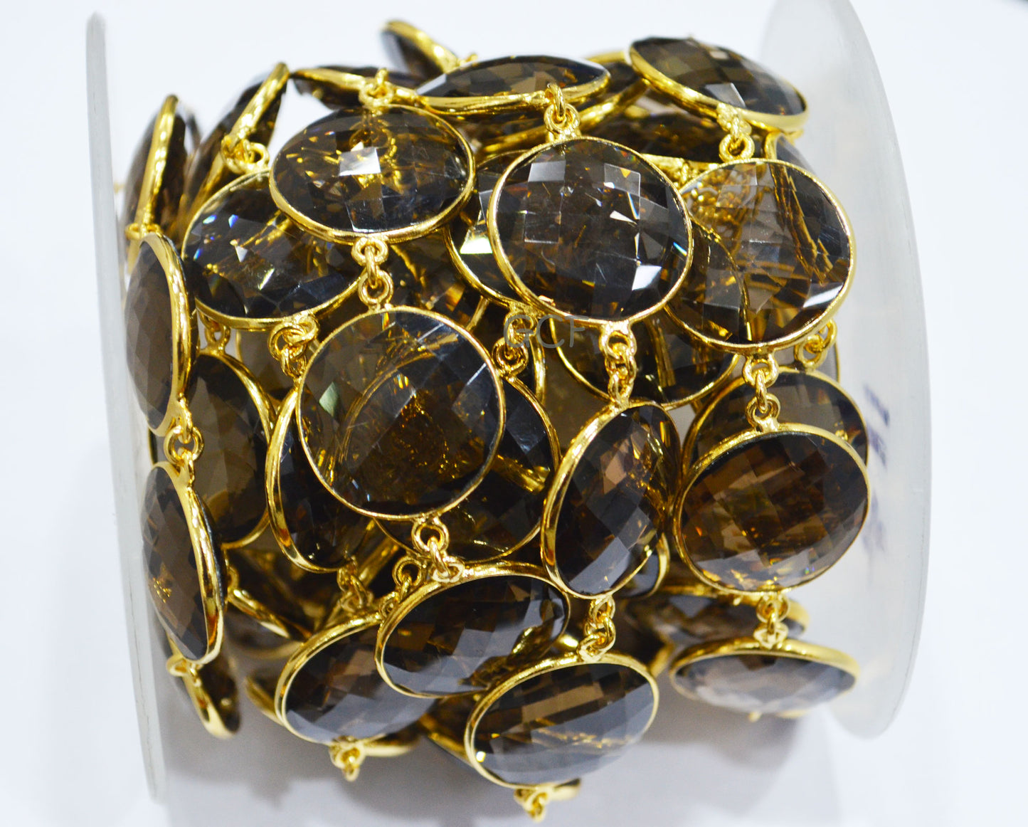 Smoky Hydro Quartz Faceted Coin Shape Connector Chain , Smoky Hydro Quartz Coin Shape Bezel Link Chain , 21 mm , 6828