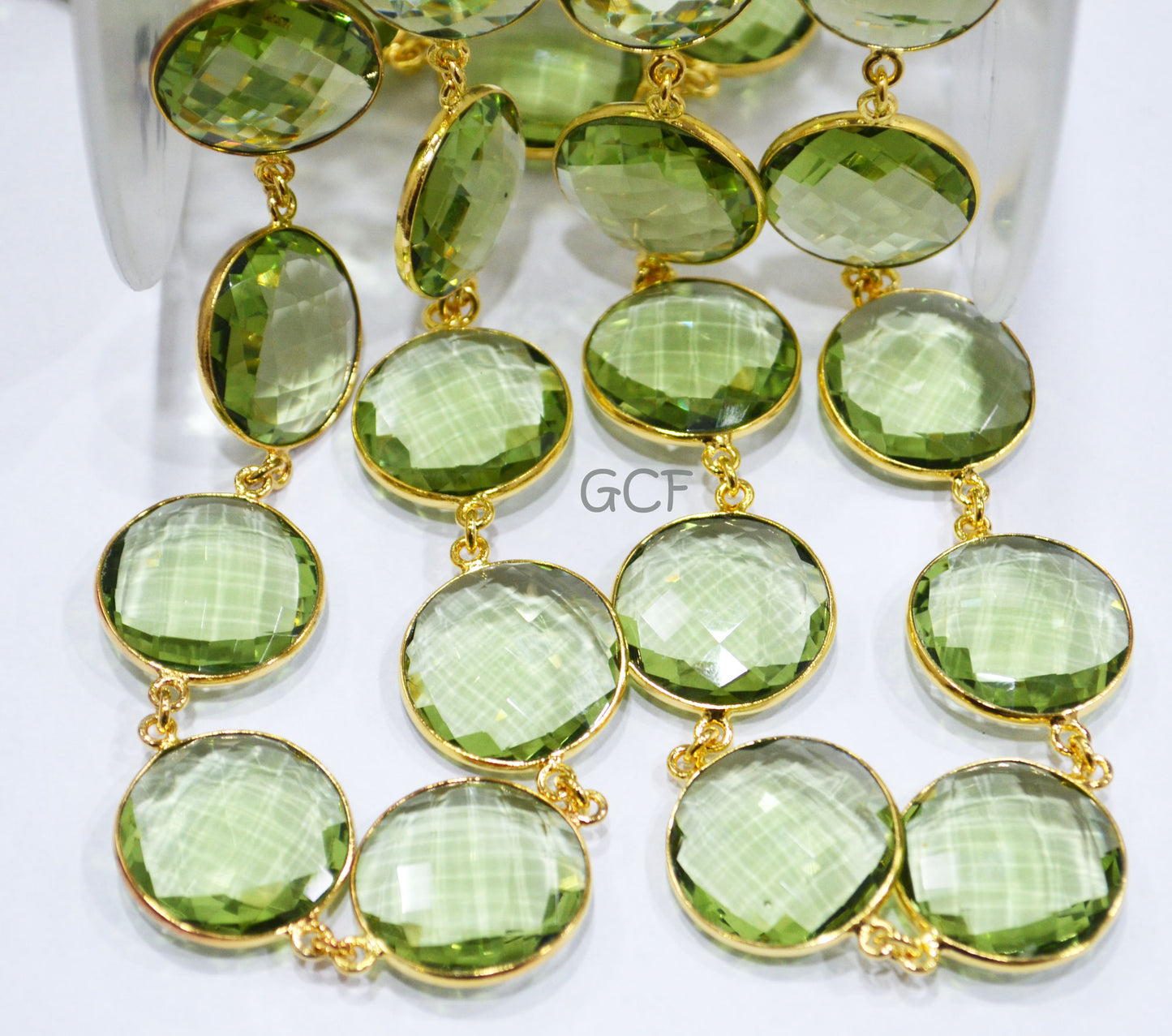 Green Amethyst Hydro Quartz Faceted Coin Shape Connector Chain , Green Amethyst Hydro Quartz Bezel Link Chain , 21 mm , 6831