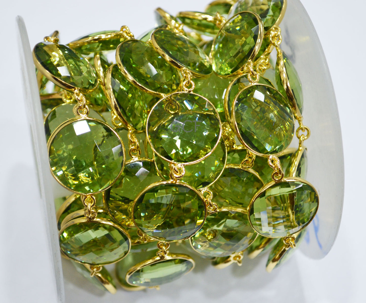 Green Amethyst Hydro Quartz Faceted Coin Shape Connector Chain , Green Amethyst Hydro Quartz Bezel Link Chain , 21 mm , 6831