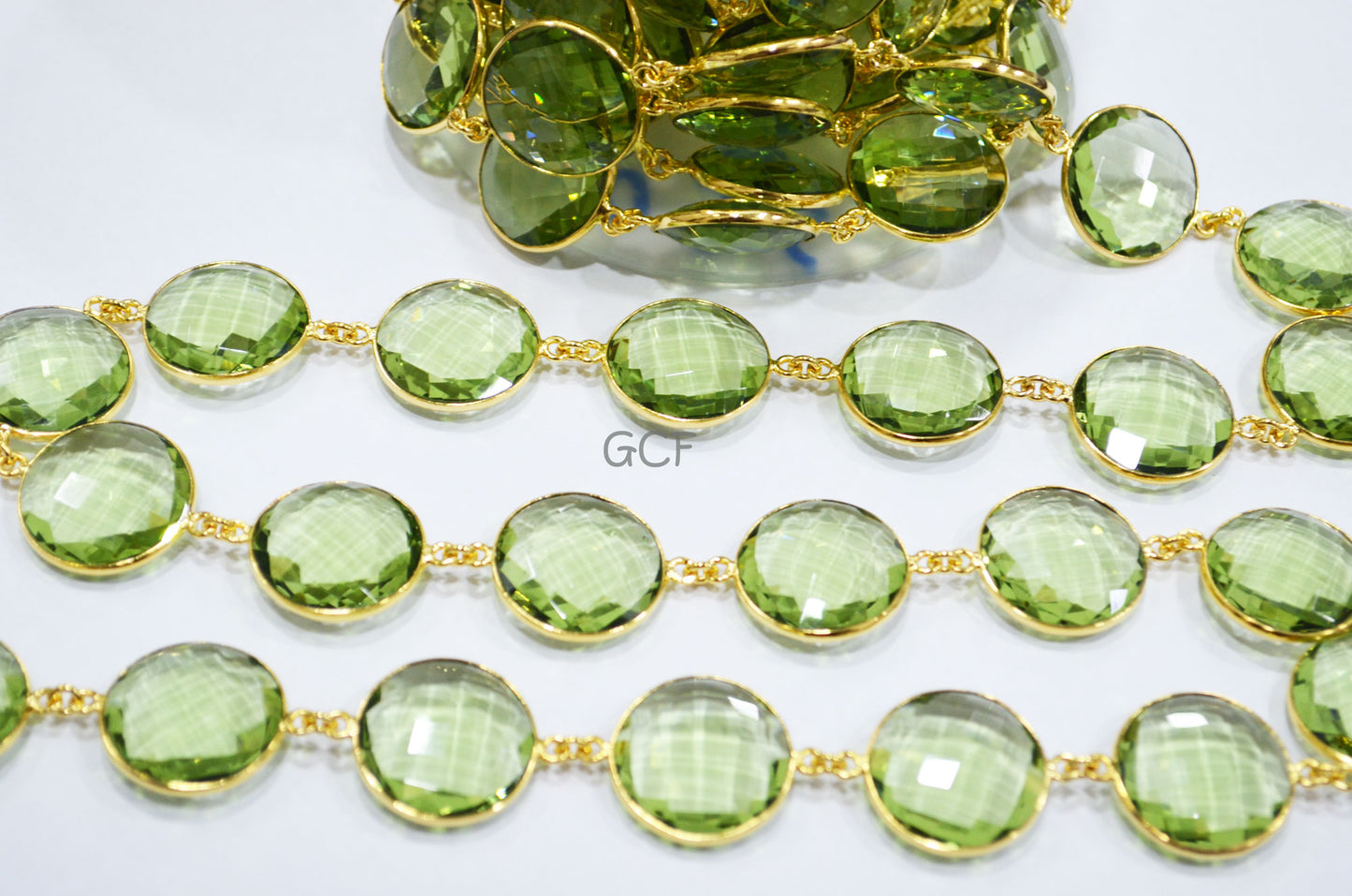 Green Amethyst Hydro Quartz Faceted Coin Shape Connector Chain , Green Amethyst Hydro Quartz Bezel Link Chain , 21 mm , 6831