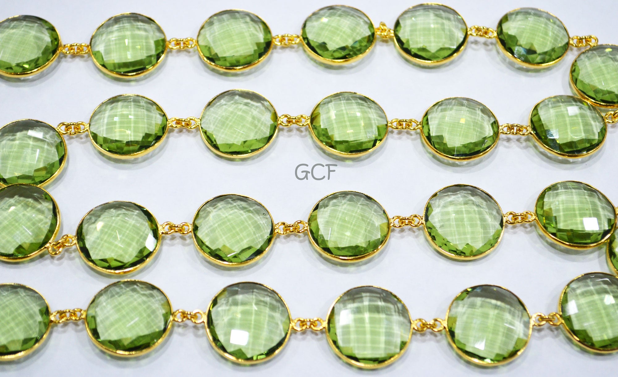 Green Amethyst Hydro Quartz Faceted Coin Shape Connector Chain , Green Amethyst Hydro Quartz Bezel Link Chain , 21 mm , 6831