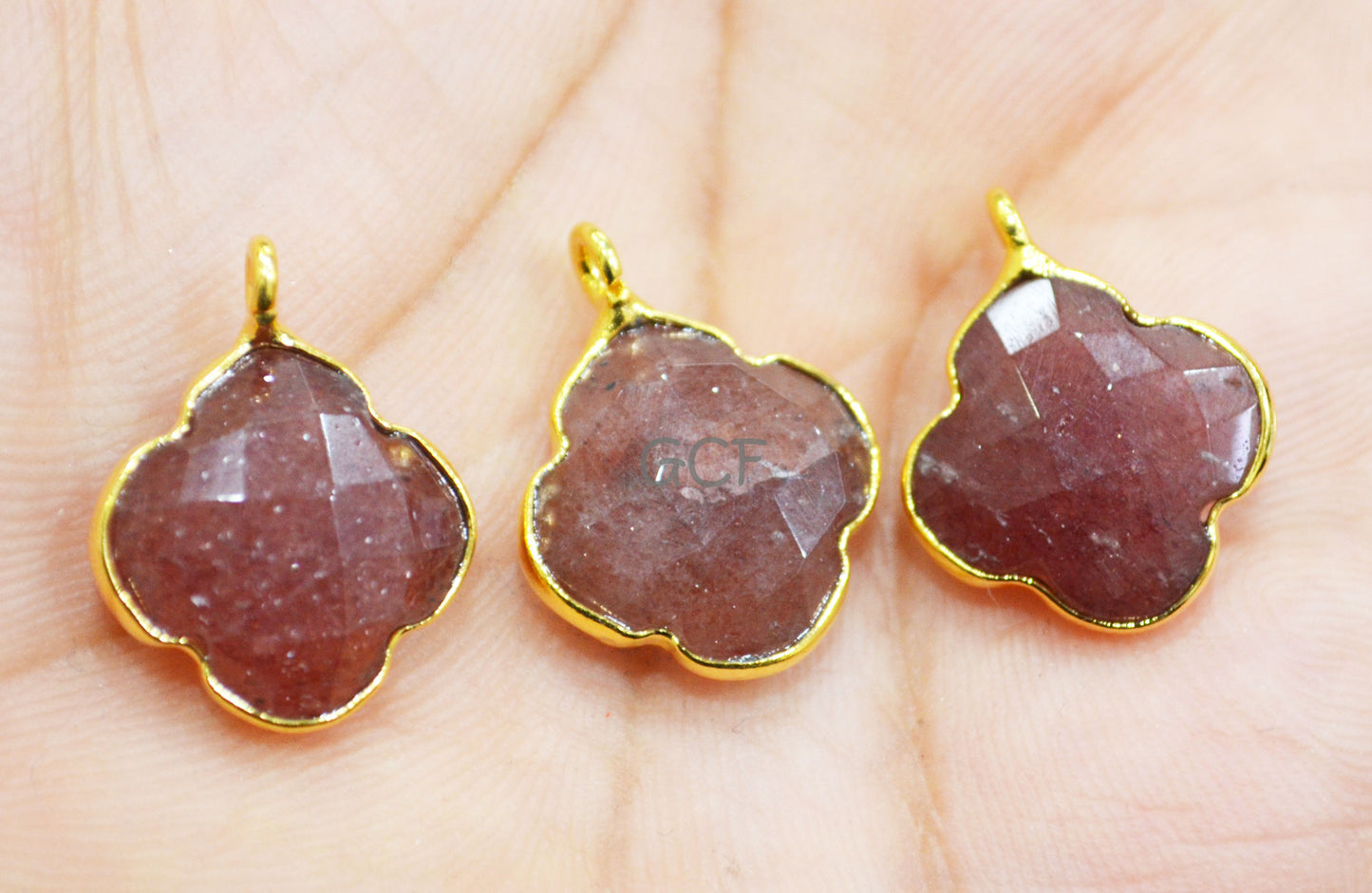 Strawberry Quartz Faceted Fancy Clover Shape Connector , Strawberry Quartz Single Bail Bezel Connector , Sold By Piece , 15 mm , RB-6846