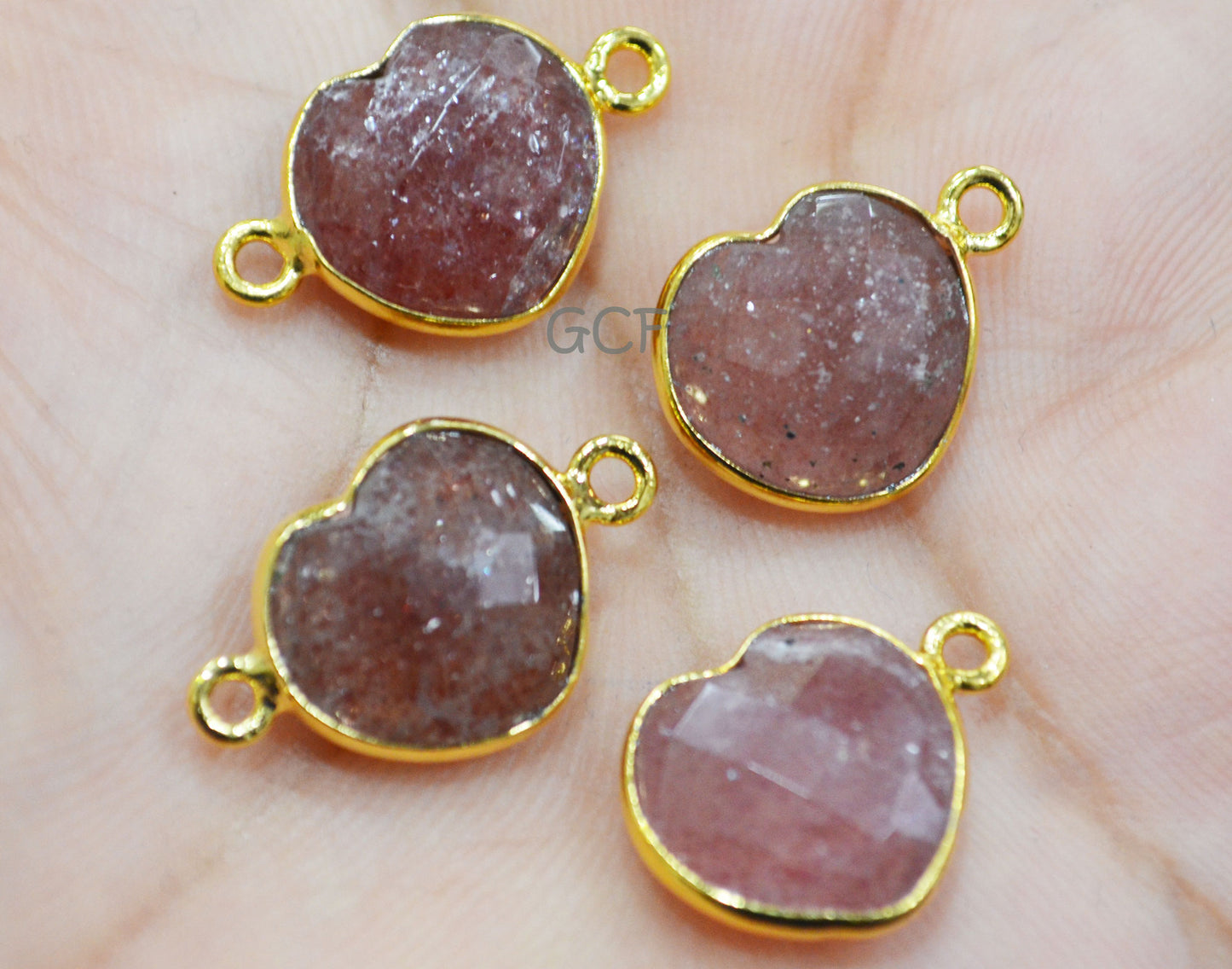 Strawberry Quartz Faceted Heart Shape Connector , Strawberry Quartz Heart Shape Bezel Connector , Sold By Piece , 13 mm , RB-6848