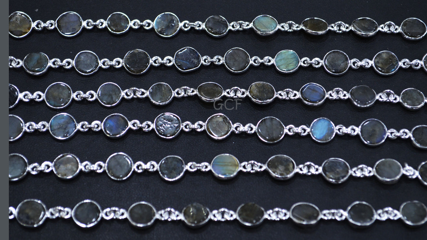 Flashy Labradorite Smooth Coin Shape Connector Chain , Labradorite Coin Shape Bezel Link Chain , 8 - 9 mm , 6866