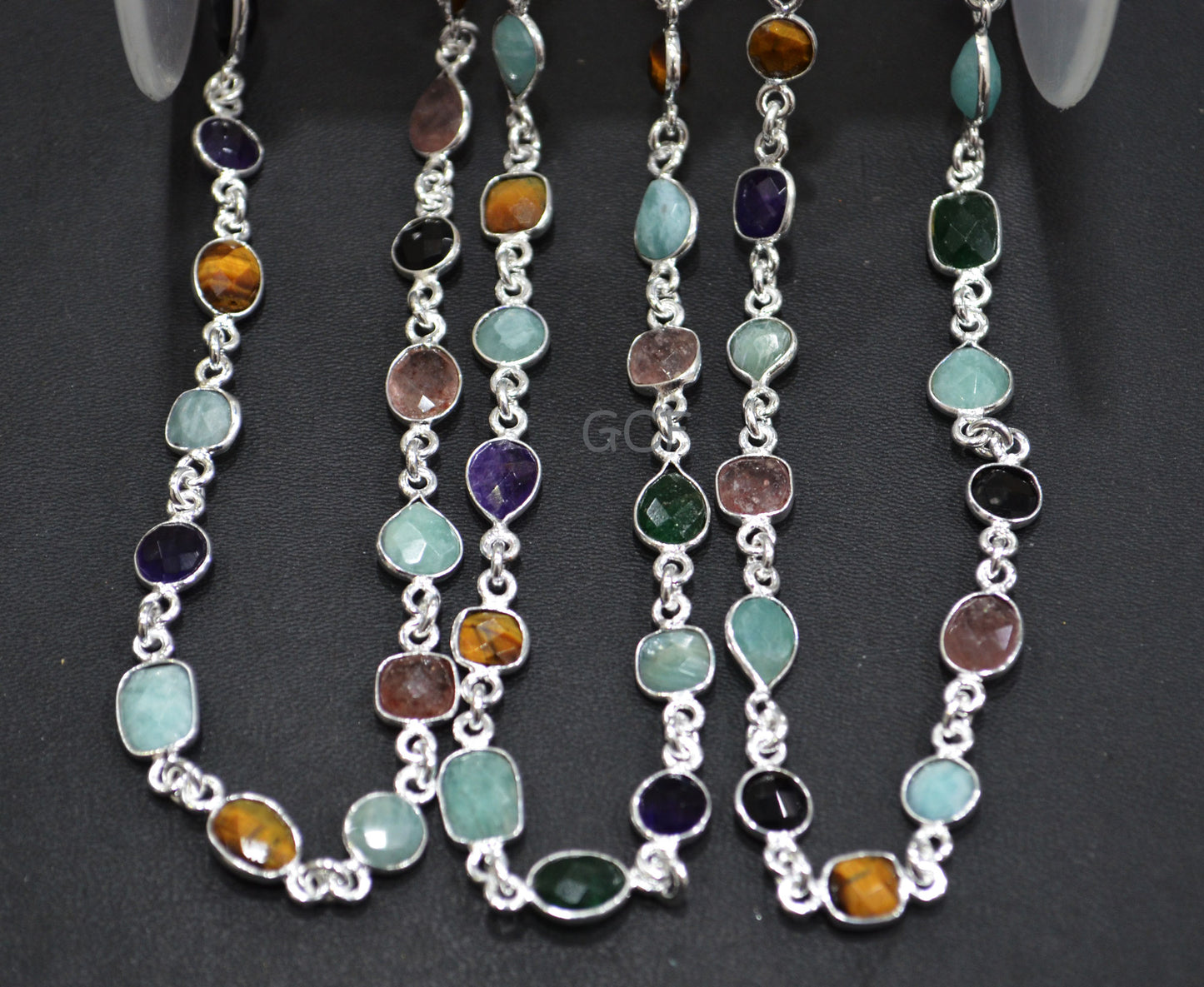 Multi Semi Precious Stone Mix Shape Faceted Connector Chain , Multi Semi Precious Gemstone Bezel Link Chain , 6 - 9 mm , 6867
