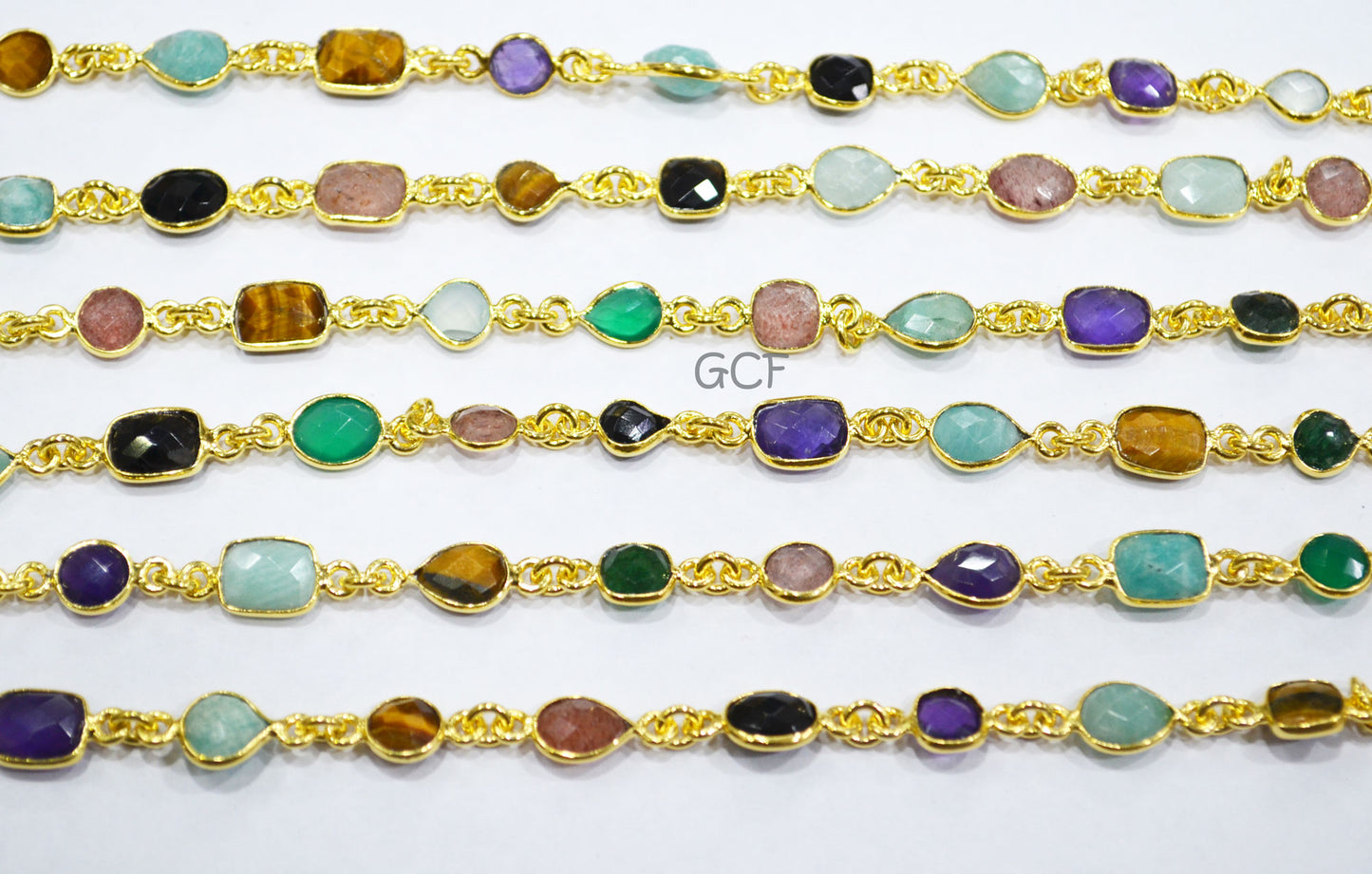 Multi Semi Precious Stone Mix Shape Faceted Connector Chain , Multi Semi Precious Gemstone Bezel Link Chain , 6 - 9 mm , 6867