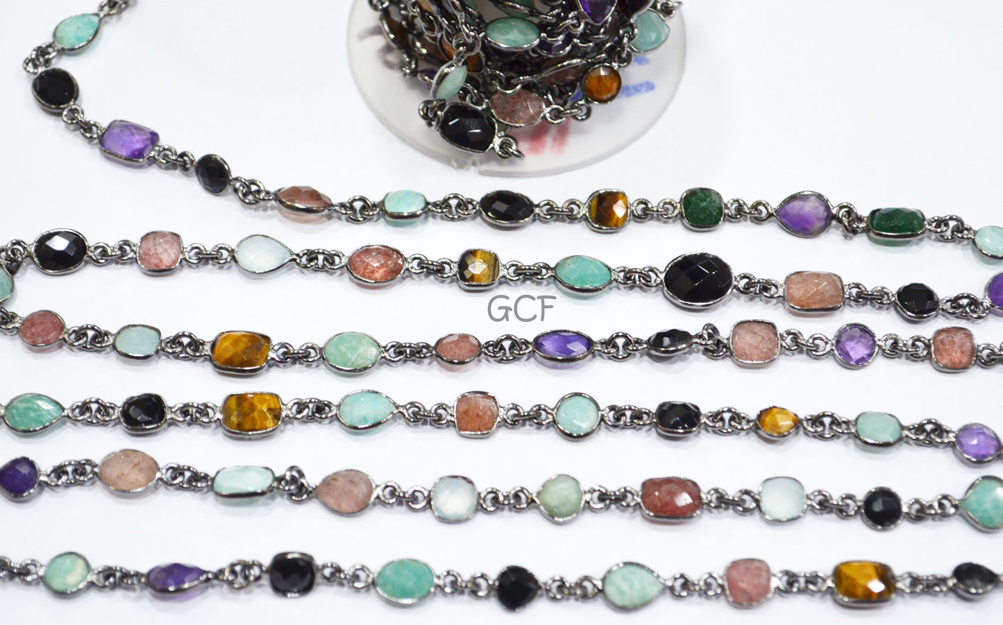 Multi Semi Precious Stone Mix Shape Faceted Connector Chain , Multi Semi Precious Gemstone Bezel Link Chain , 6 - 9 mm , 6867