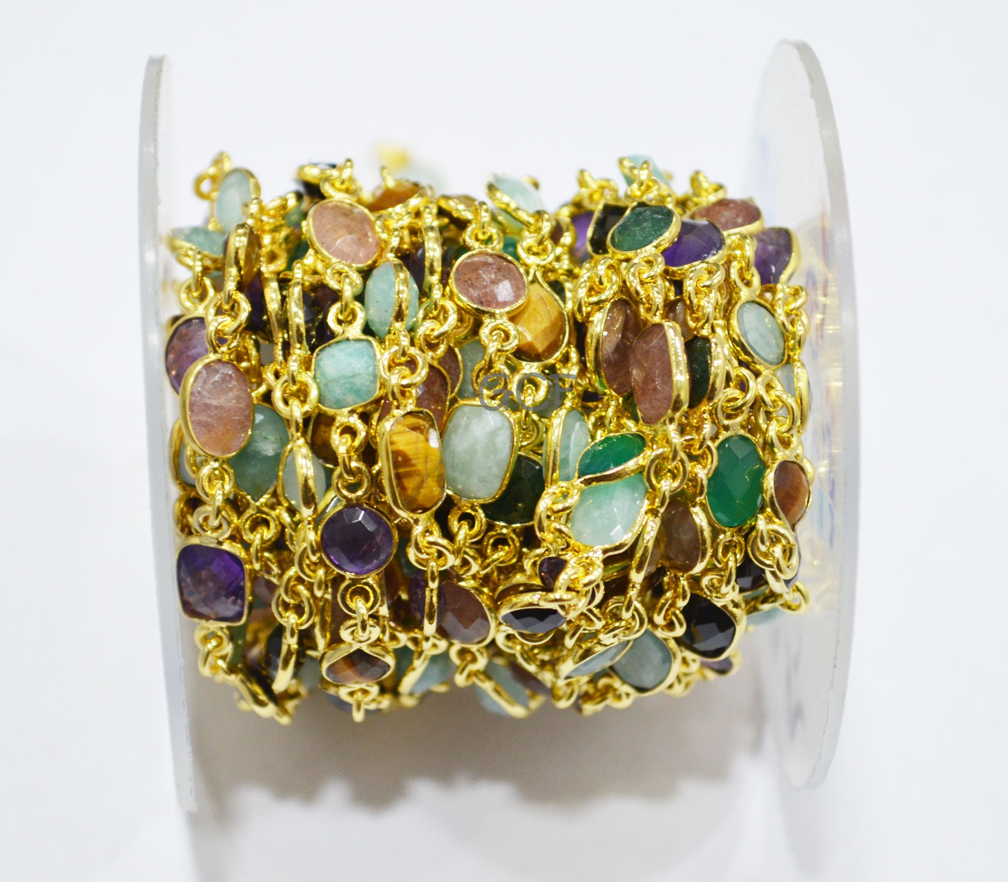 Multi Semi Precious Stone Mix Shape Faceted Connector Chain , Multi Semi Precious Gemstone Bezel Link Chain , 6 - 9 mm , 6867