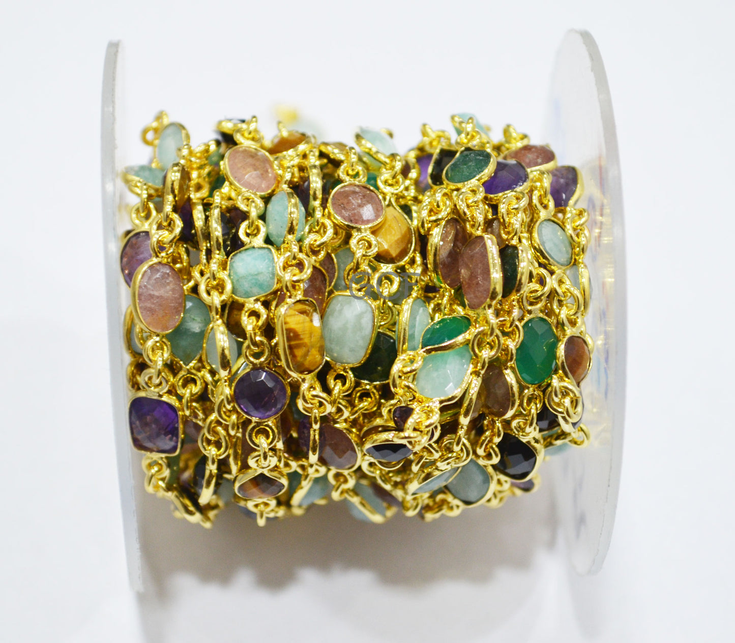 Multi Semi Precious Stone Mix Shape Faceted Connector Chain , Multi Semi Precious Gemstone Bezel Link Chain , 6 - 9 mm , 6867