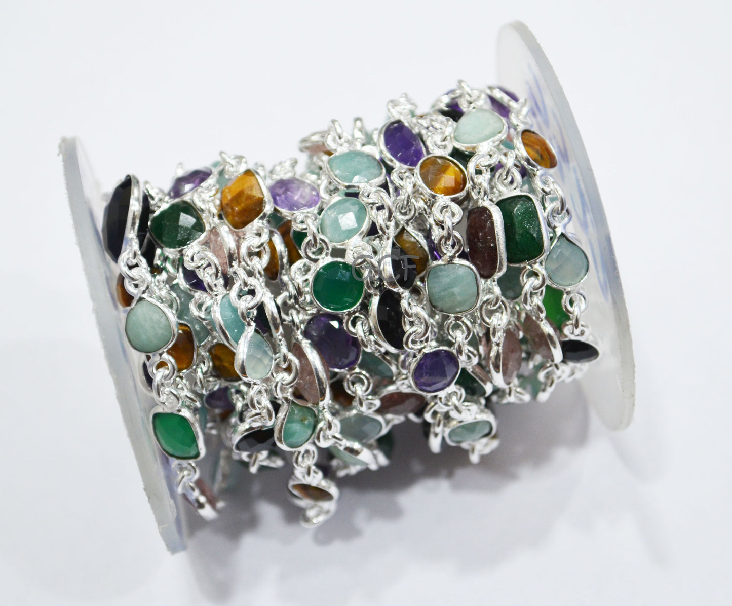 Multi Semi Precious Stone Mix Shape Faceted Connector Chain , Multi Semi Precious Gemstone Bezel Link Chain , 6 - 9 mm , 6867